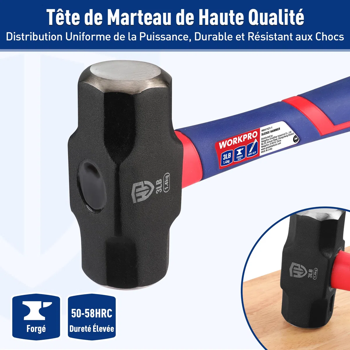Massette 1,68kg avec Manche en Fibre de Verre, Tête en Acier Forgé, Marteau Octogonal à Poignée Ergonomique Antidérapante pour Jardinage, Construction de Bâtiments, Roche