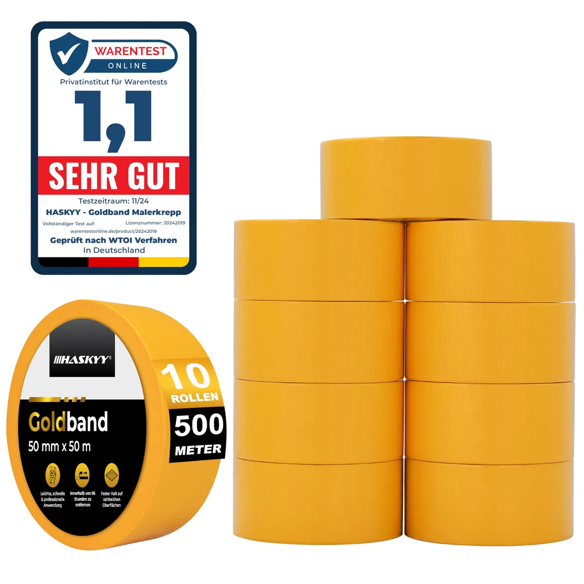 HASKYY Ruban de masquage pour peinture 50mm x 50m - 10x Rouleaux ruban adhésif crêpe pour travaux de peinture et de rénovation Intérieur et Extérieur, Résistant Aux UV - pour peindre vernir rénover