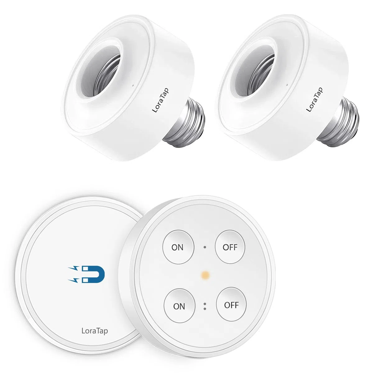 LoraTap Kit Interrupteur Sans Fil, 2x Douilles E27 1x Télécommande, Récepteur Contrôle 30W, Portée 200M, Culot Emetteur (Inclus), Commande à Distance Sans Fil ON/OFF Pour Ampoule E27