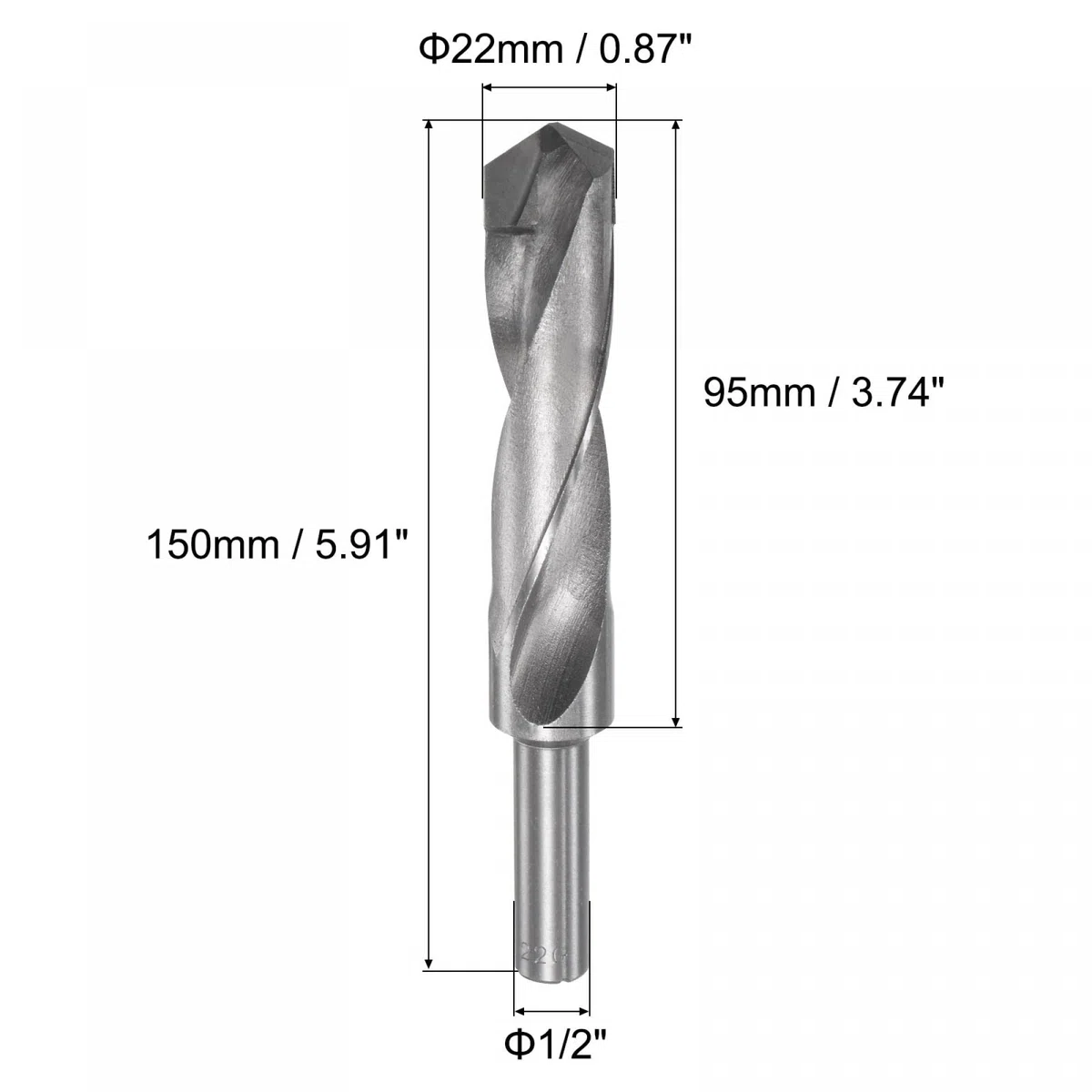 sourcing map 22mm Réduite Tige Cimenté Carbure Hélicoïdal Foret Pointes pour Trempé Acier Acier Inox 1/2 Pouce Droite Tige