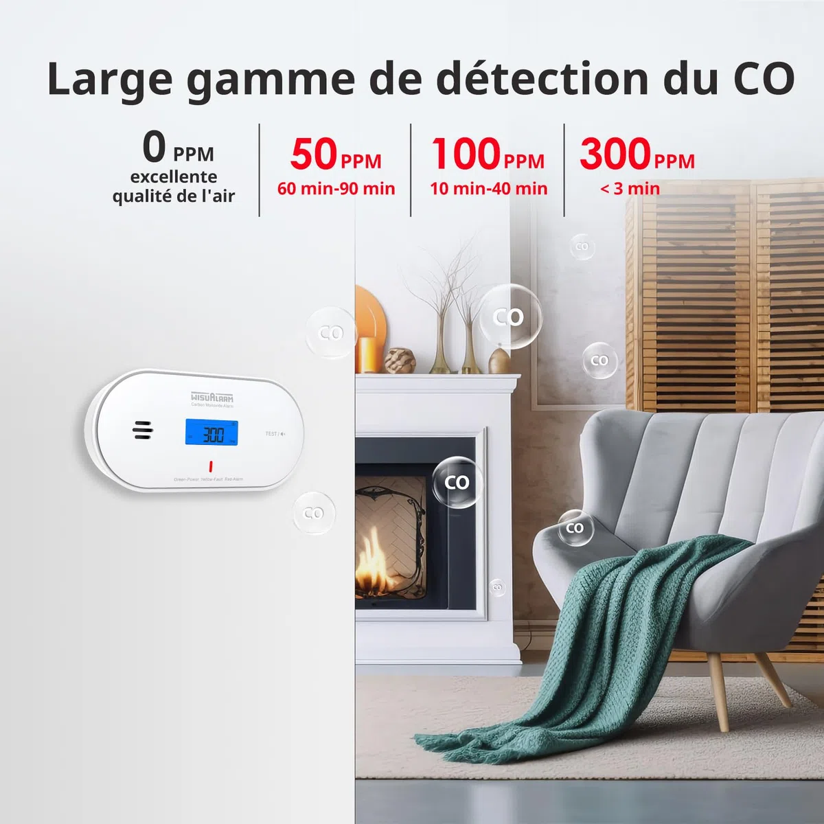Détecteur de monoxyde de carbone, batterie scellée 10 ans, alarme de monoxyde de carbone, avec détection de température et d'humidité et affichage LCD, détecteurs de monoxyde de carbone pour la maison