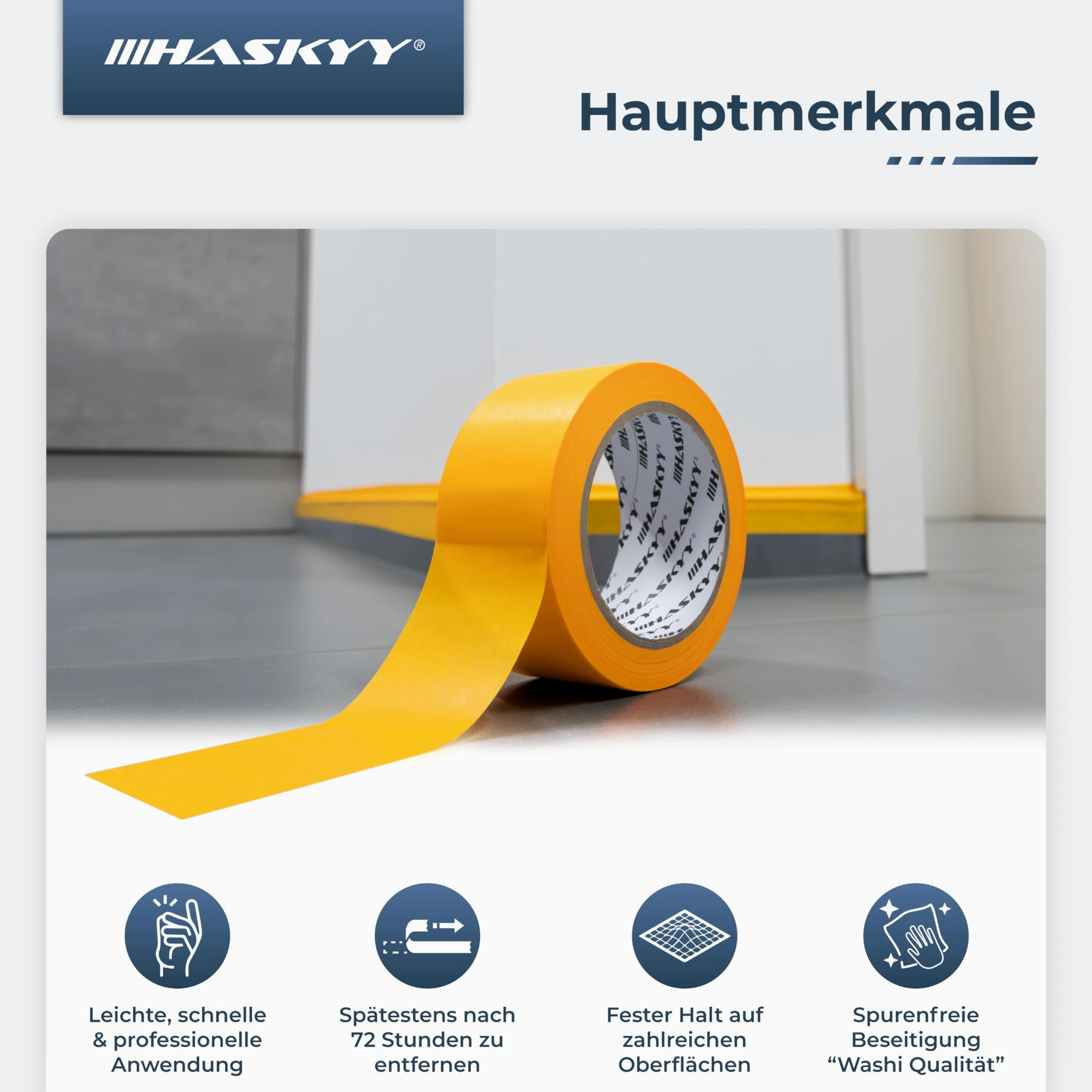 HASKYY Ruban de masquage pour peinture 50mm x 50m - 10x Rouleaux ruban adhésif crêpe pour travaux de peinture et de rénovation Intérieur et Extérieur, Résistant Aux UV - pour peindre vernir rénover