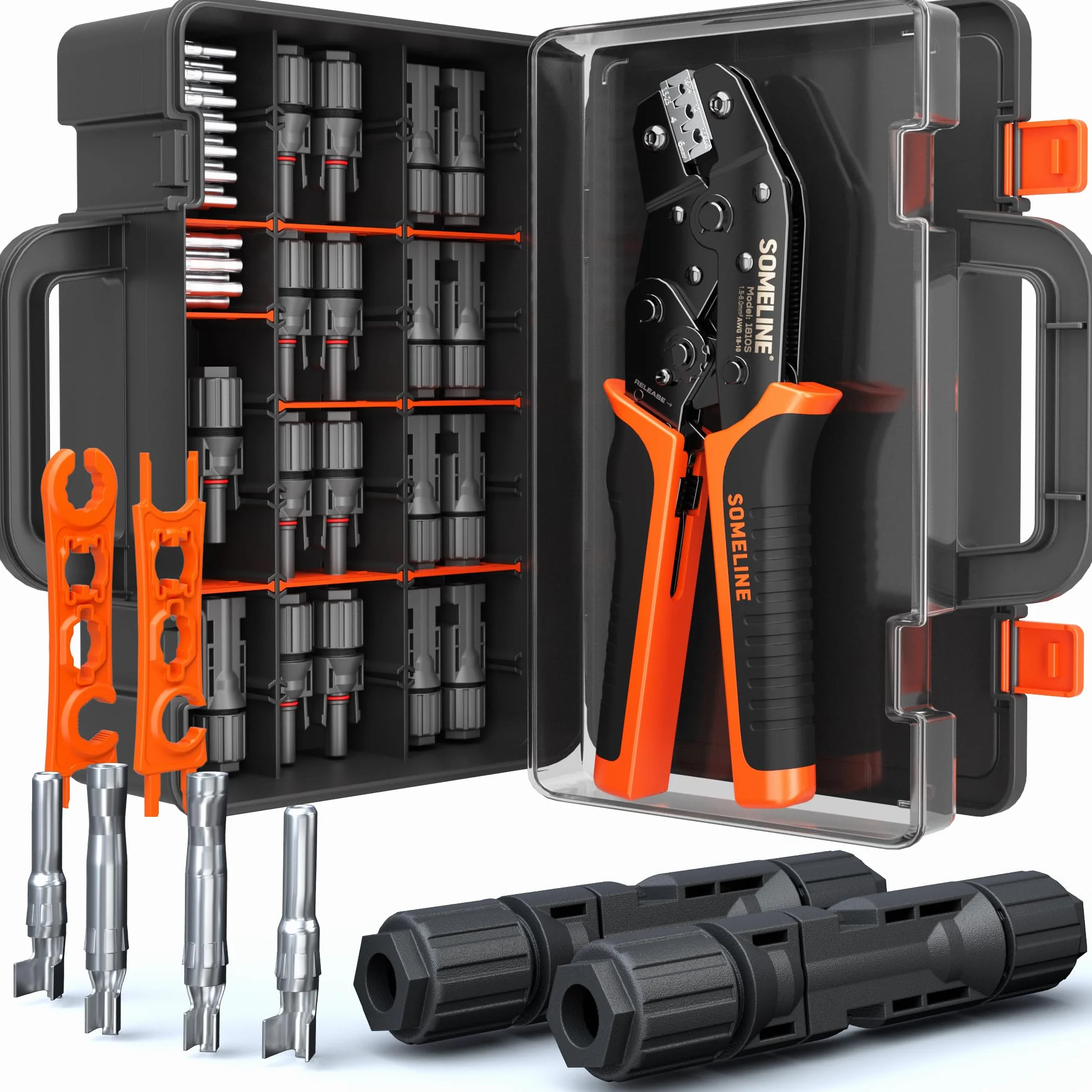 SOMELINE Pince à sertir, Outils de Sertissage Solaires Pour 2,5/4/6 mm² Solaire Cable, avec 12 Paires de Connecteurs Solaires, 1 Pince a Sertir, 2 Clés, Photovoltaique Connecteurs
