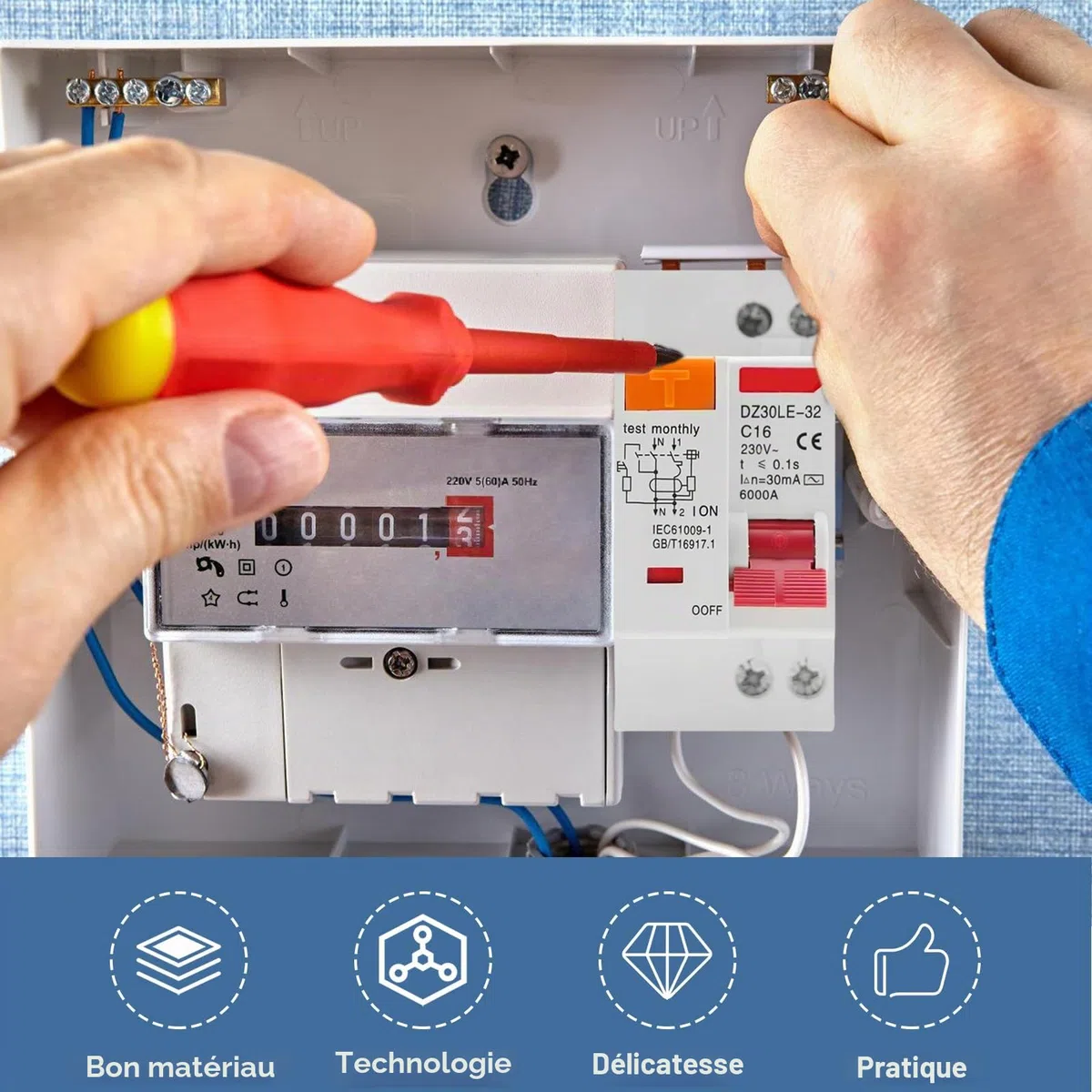 Disjoncteur Fi 16 A, AC 230 V 30 mA Disjoncteur différentiel, rail chapeau, protection contre les surcharges, disjoncteur différentiel, interrupteur FI/LS