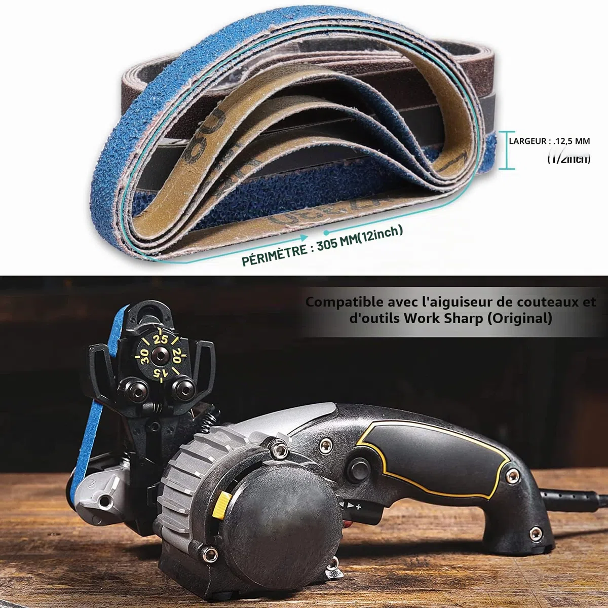 Bandes Abrasives pour Affûteur de Couteaux 12.5X 305 mm-24 Pcs Kit de Bandes de Remplacement Compatible avec Work Sharp Knife&Tool Sharpener,4X Grain80/120/240/400/800/1000 Bande de Ponceuse