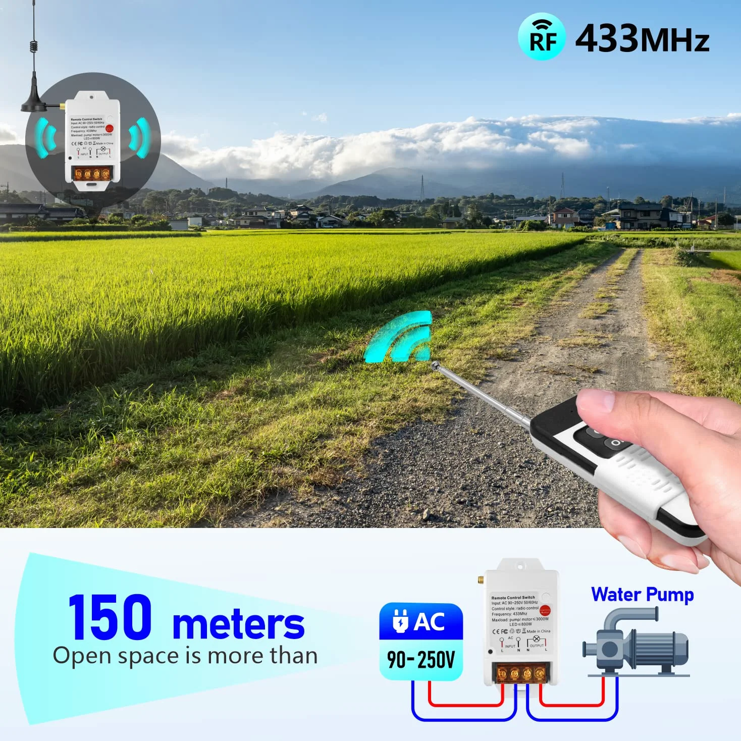 DieseRC Interrupteur de Télécommande de Pompe Moteur sans fil Récepteur Relais AC 230V 220V 3000W et 2 émetteurs Plage de Contrôle Jusqu'à 100~300 mètres pour Lumières Pompe à eau Moteur