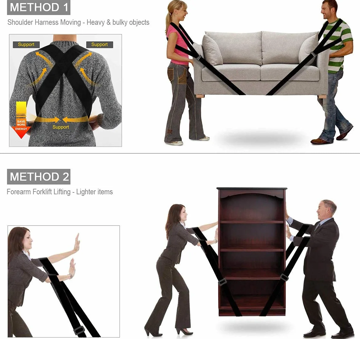 Sangle Demenagement, ULIFEME Sangles de Déménagement Jusqu'à 360kg, Sangle de Levage Aide au Déménagement pour Piano et Transporter Meuble Lourd, 2,8m Sangle Portage Noire(2 Harnais + 2 Sangles)