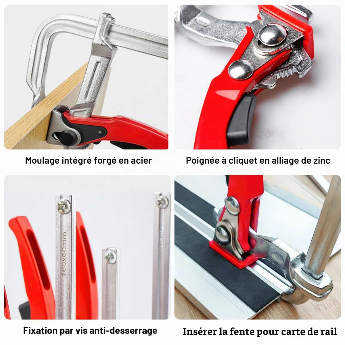 Lot de 2 serre-joints à levier avec poignée à levier, serre-joint de table en acier, pince de table fixe avec mécanisme coulissant, virole à blocage rapide avec capacité de 160 mm et profondeur de
