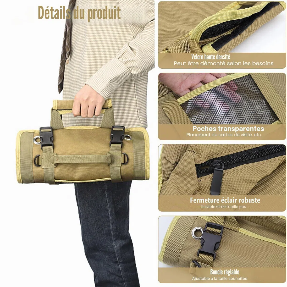 Sac à Outils Enroulable Trousse a Outils Sacs Porte-Outils Moto avec 5 Poches à Fermeture Éclair pour Ménage Charpenterie Électricien Voitures