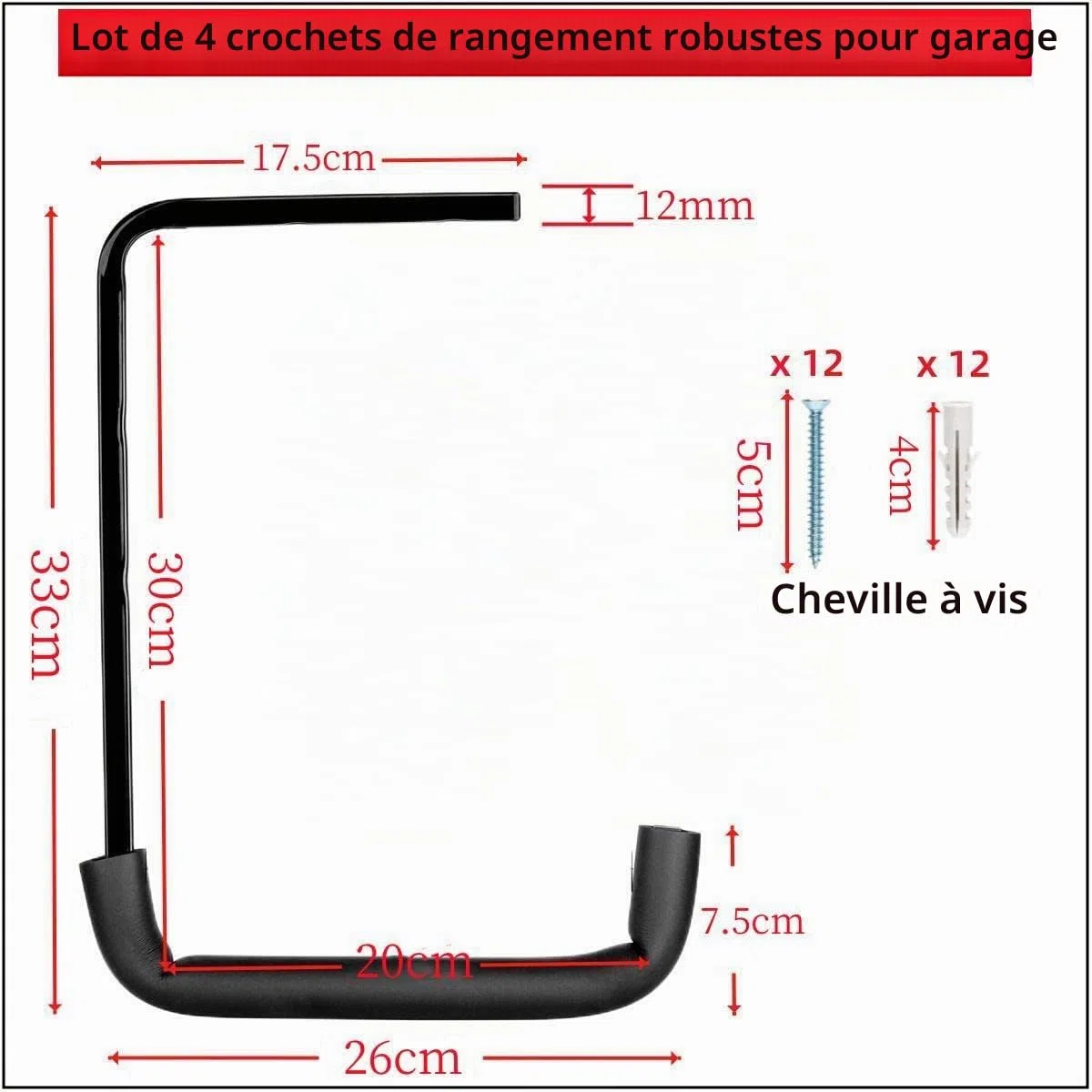 Crochets de rangement de garage robustes, étagère de rangement de garage supérieure, lot de 4 crochets d'échelle muraux, crochets de plafond et organisateur pour bois