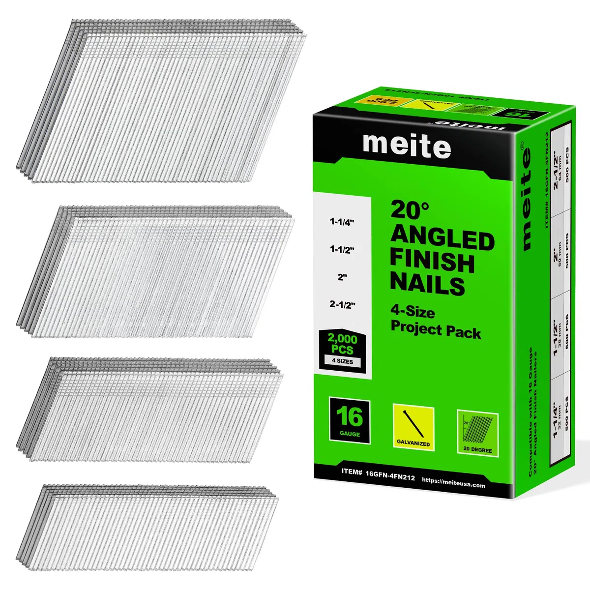 meite Kit de Clous De Finition Inclines 16GA 20 Degres, Galvanises 5 Tailles Assorties (32 mm, 38 mm, 50 mm,64 mm - 500 Pieces Par Taille), Fil Ø 1,6 mm, Pour Cloueuse de Finition 16G, Lot de 2 000