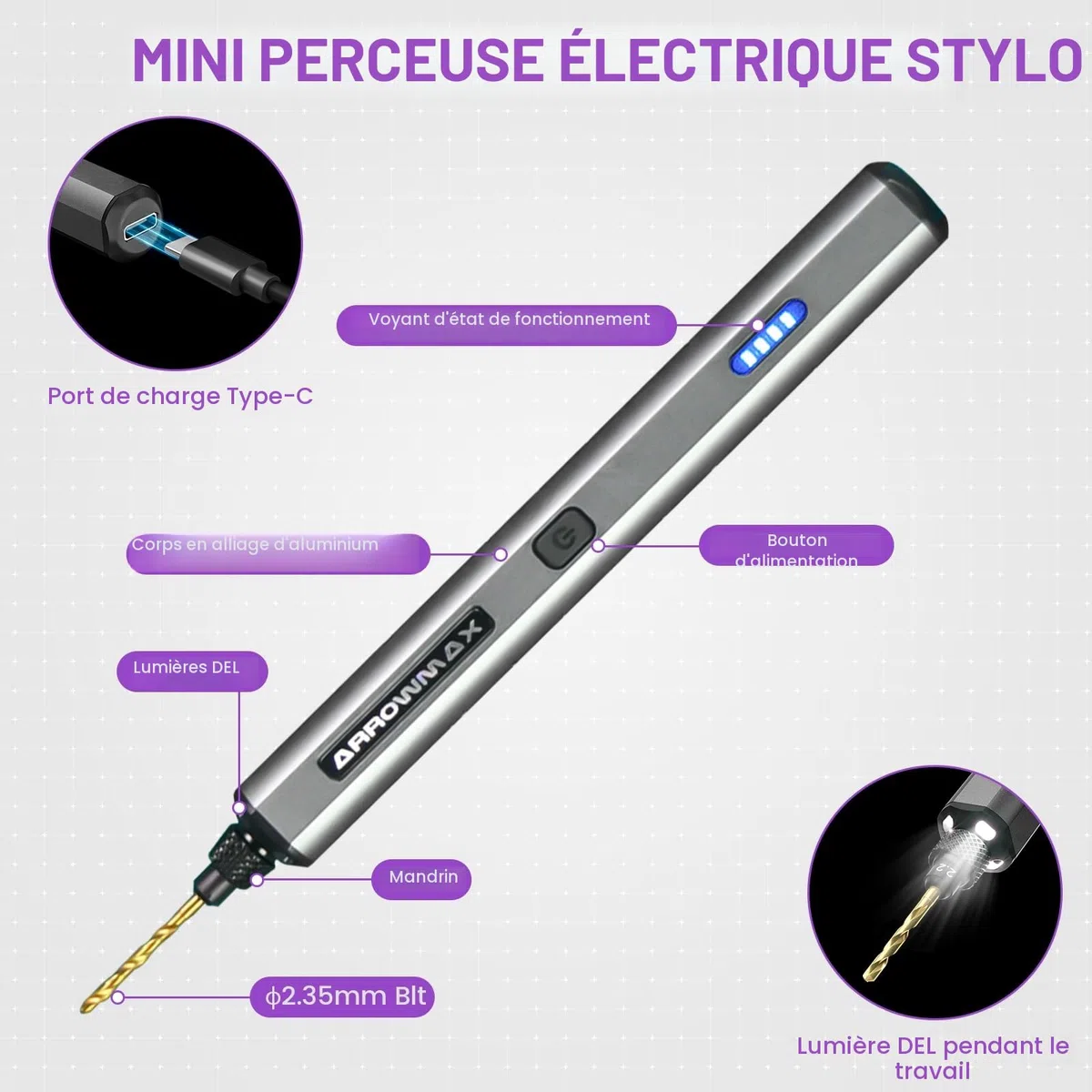ARROWMAX Mini stylo de perceuse électrique, 13 en 1 avec étui en aluminium, rechargeable, 800 tr/min, kit de perceuse à main, 10 embouts HSS, bricolage, bois, fabrication de bijoux (SDS MINI)