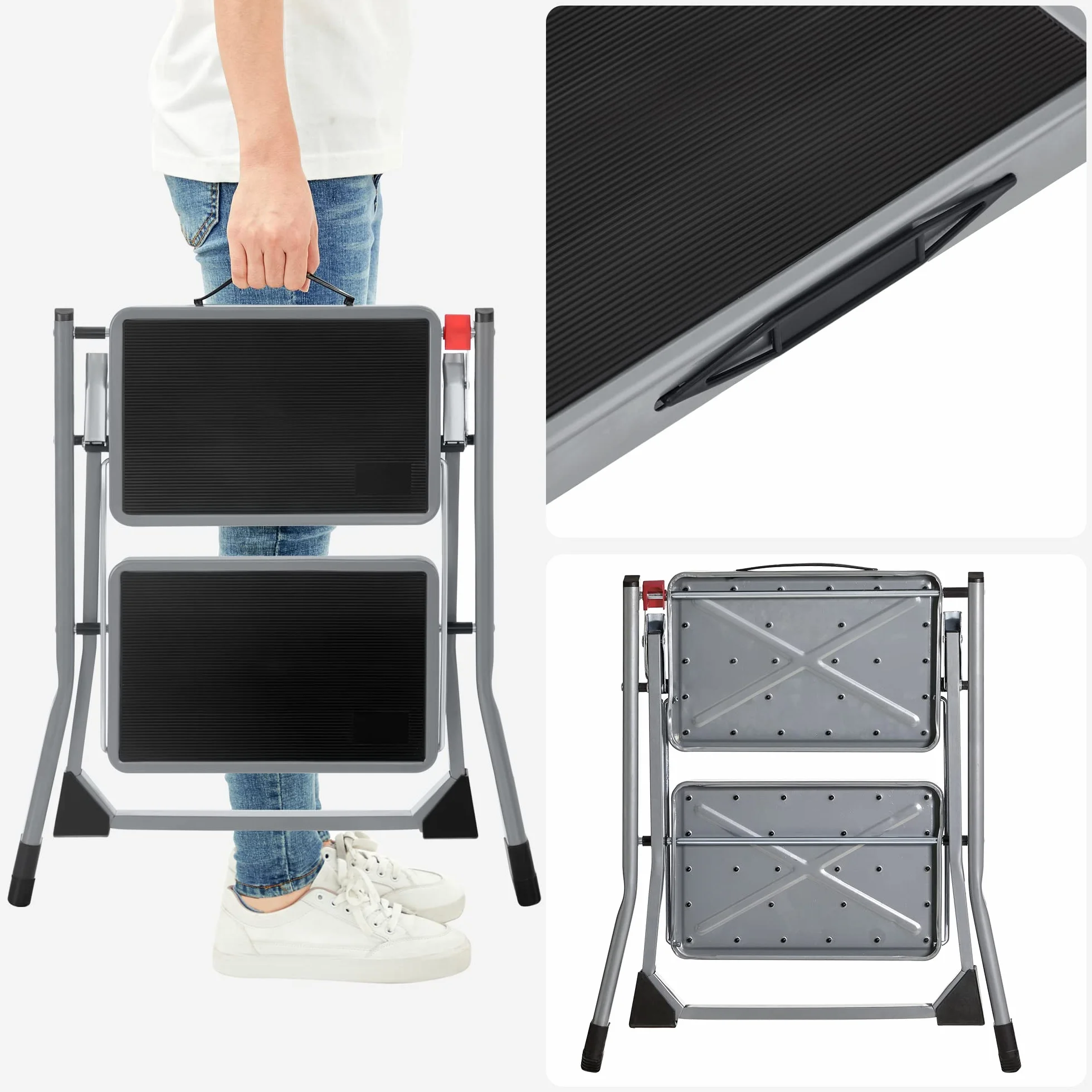 SONGMICS Escabeau à 2 Marches, Marche-Pieds Pliable, Largeur de Marche 20 cm, Caoutchouc Antidérapant, avec Poignée, Charge 150 kg, en Acier, Gris et Noir GSL002GY01