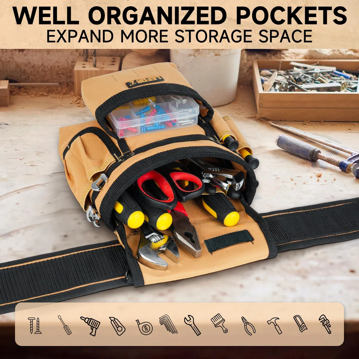 Ceinture porte Outils mit 27 Poches,Ceinture à Outils,Amovible Réglable Sac à Outils Magnétique avec 4 anneaux en D,Rembourrée Robuste pour Hommes,électriciens,Charpentiers,Ouvriers du Bâtiment