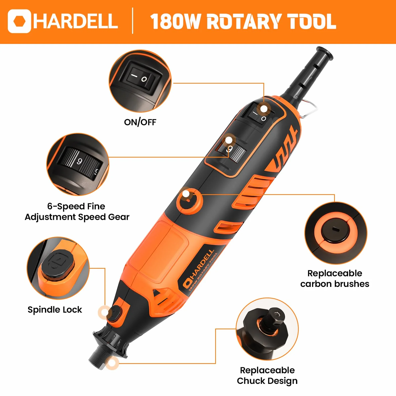 HARDELL Outil Rotatif Multifonction 180W - Outil Rotatif Filaire, 6 Vitesses Variables 8000-35000 tr/min, 61 Accessoires pour Ponçage, Polissage, Découpe, Gravure, Sculpture