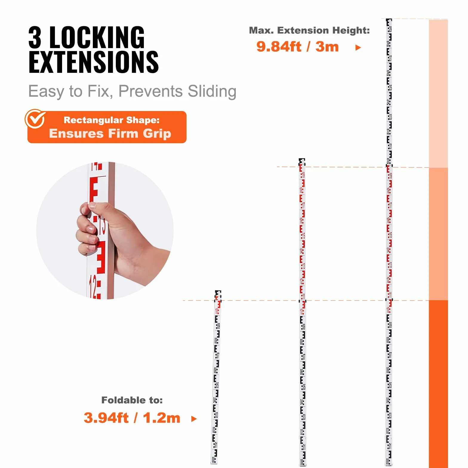 VEVOR Tige de mesure télescopique métrique 3 m, mire télescopique de mesure double face en cm/mm règle en alliage d'aluminium avec niveau à bulle et sac de transport pour mesurer maisons, murs, sols