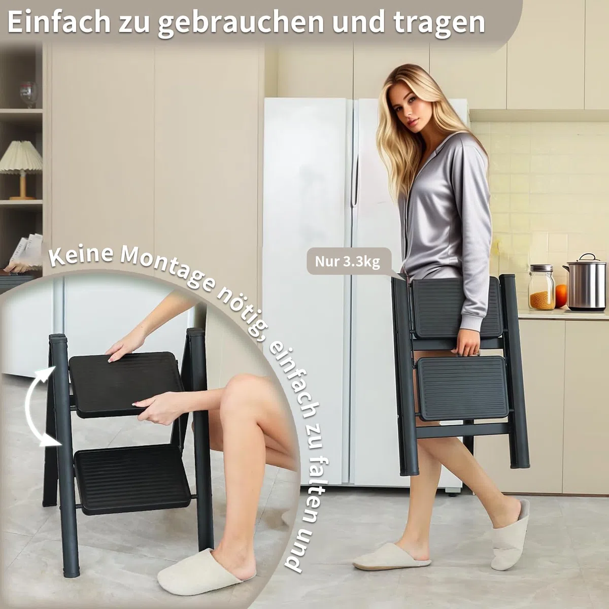 Escabeau pliant - Cadre en acier robuste - Charge maximale : 150 kg - Design pliable avec surface antidérapante pour plus de sécurité (2 marches)