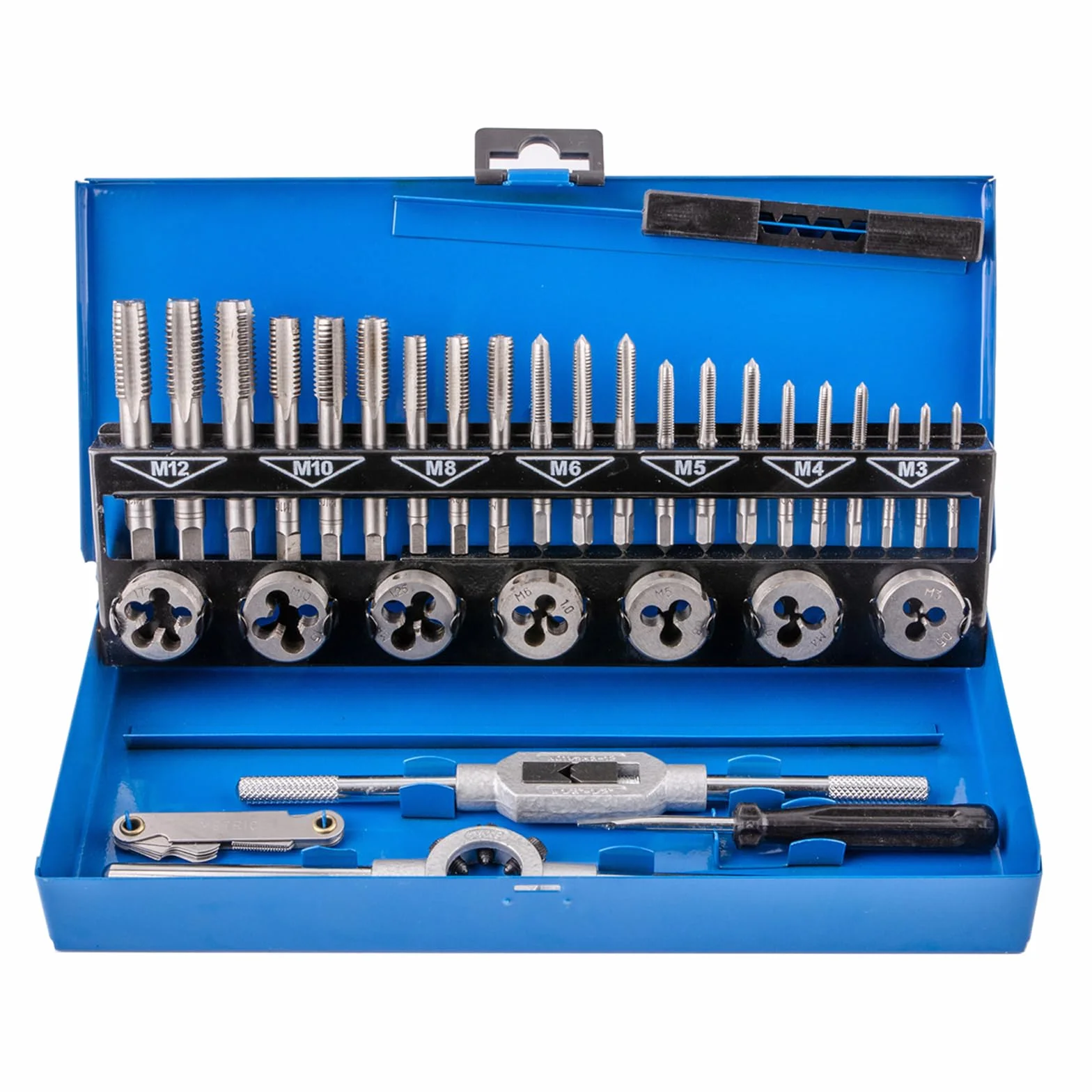 Gunpla Lot de 32 Tarauds et Filières Métriques en Alliage de Tungstène Robuste avec Etui de Rangement en Métal Bleu
