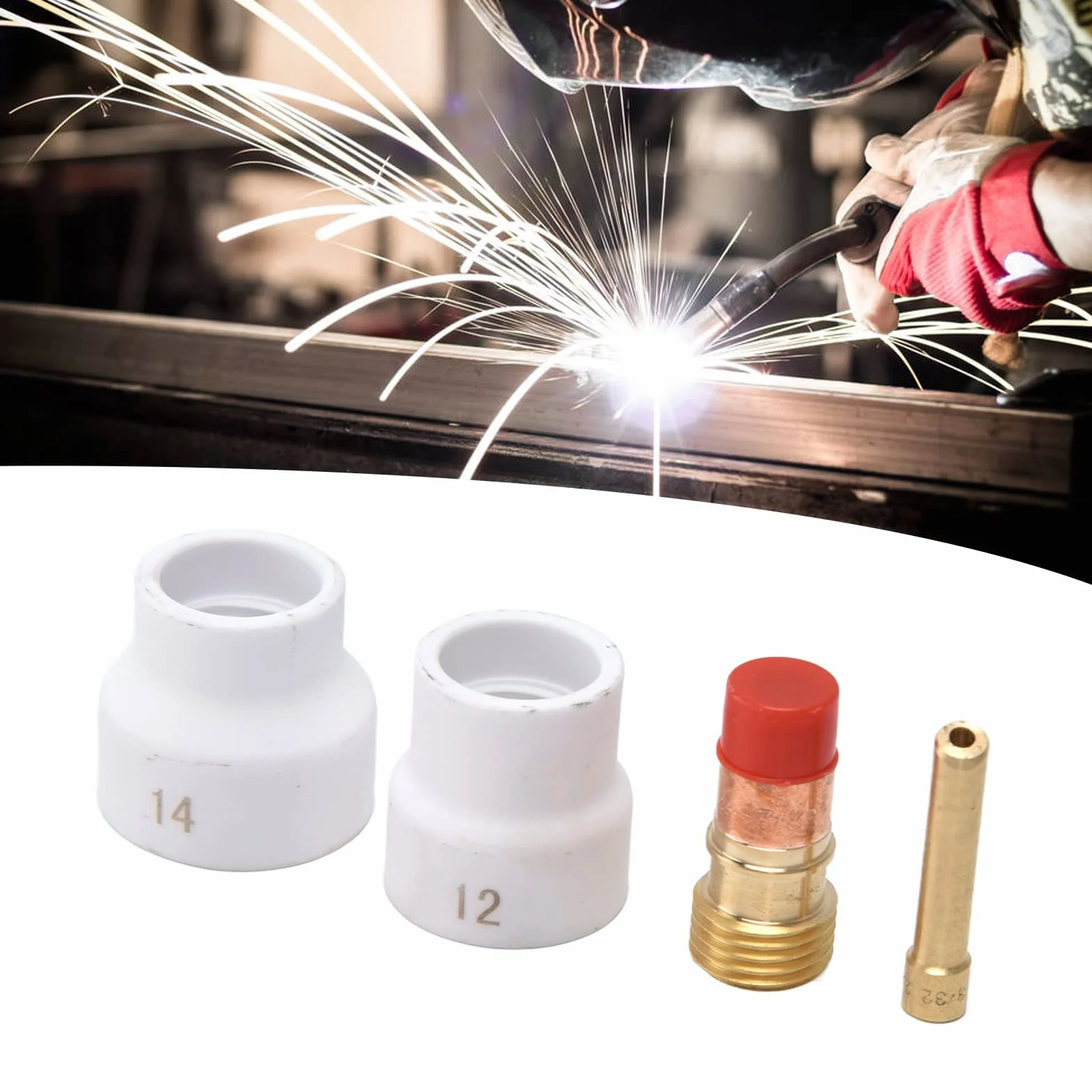 4 Pièces Kit de Lentilles à Gaz Buse en Céramique Blanche Connecteur de Porte-électrode à Biseau Court Accessoires de Soudage TIG pour WP 17 18 26