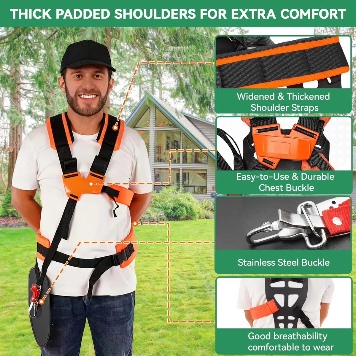 Harnais Double pour Débroussailleuse, Lanière de Support Réglable Universelle pour Coupe-bordures Taille-bordures, Bretelles Rembourrées en Nylon pour Travaux de Jardinage (Orange)