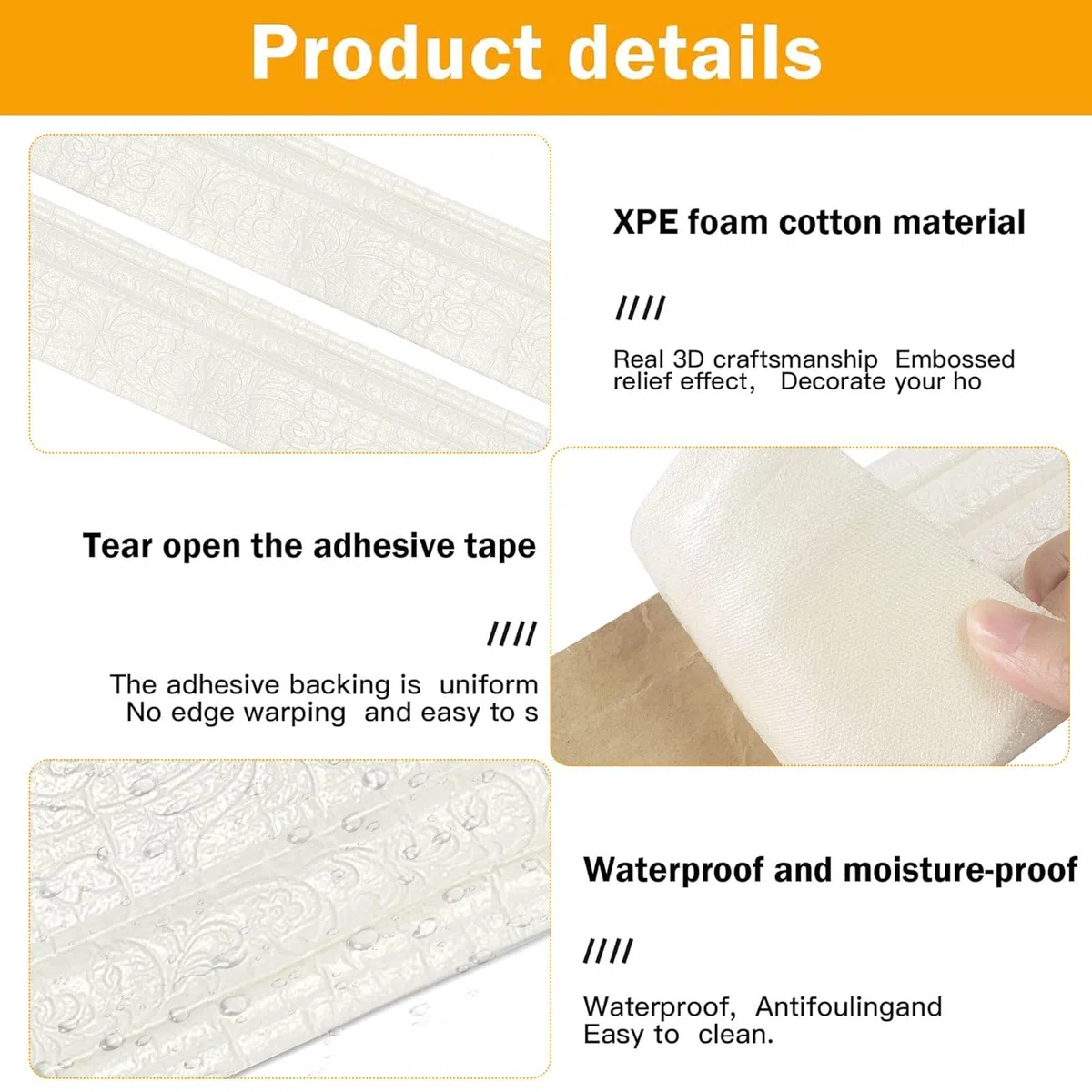 Moulures décoratives autocollantes blanches 10 m x 10 cm x 5 mm, bordure autocollante imperméable, moulures en stuc, bordure autocollante, blanche, convient pour les couloirs, les