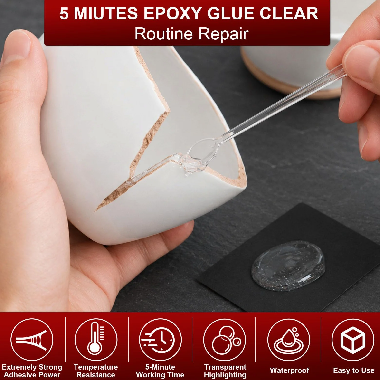 5 Minutes Colle Epoxy 250ml, Transparent Ténacité Haute Résistance Durable, Colle bi Composant Pour la Réparation de Carreaux, Métal, Céramique, Plastique, Bois