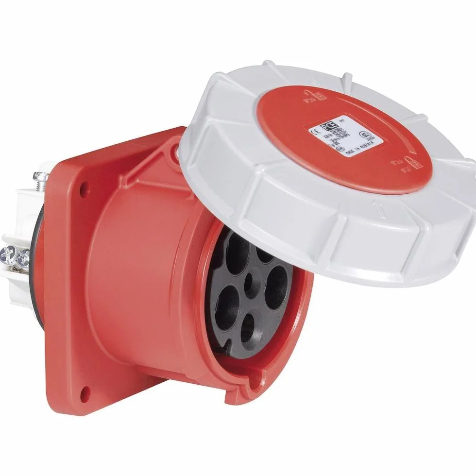 PCE 335-6 Prise Murale CEE 63A 5p 6h IP67 - Power Twist Industrielle | Raccordement à vis 400V, bride 100x100 mm, IP66/IP67 étanche, résistant aux chocs IK10, pour atelier et chantier.