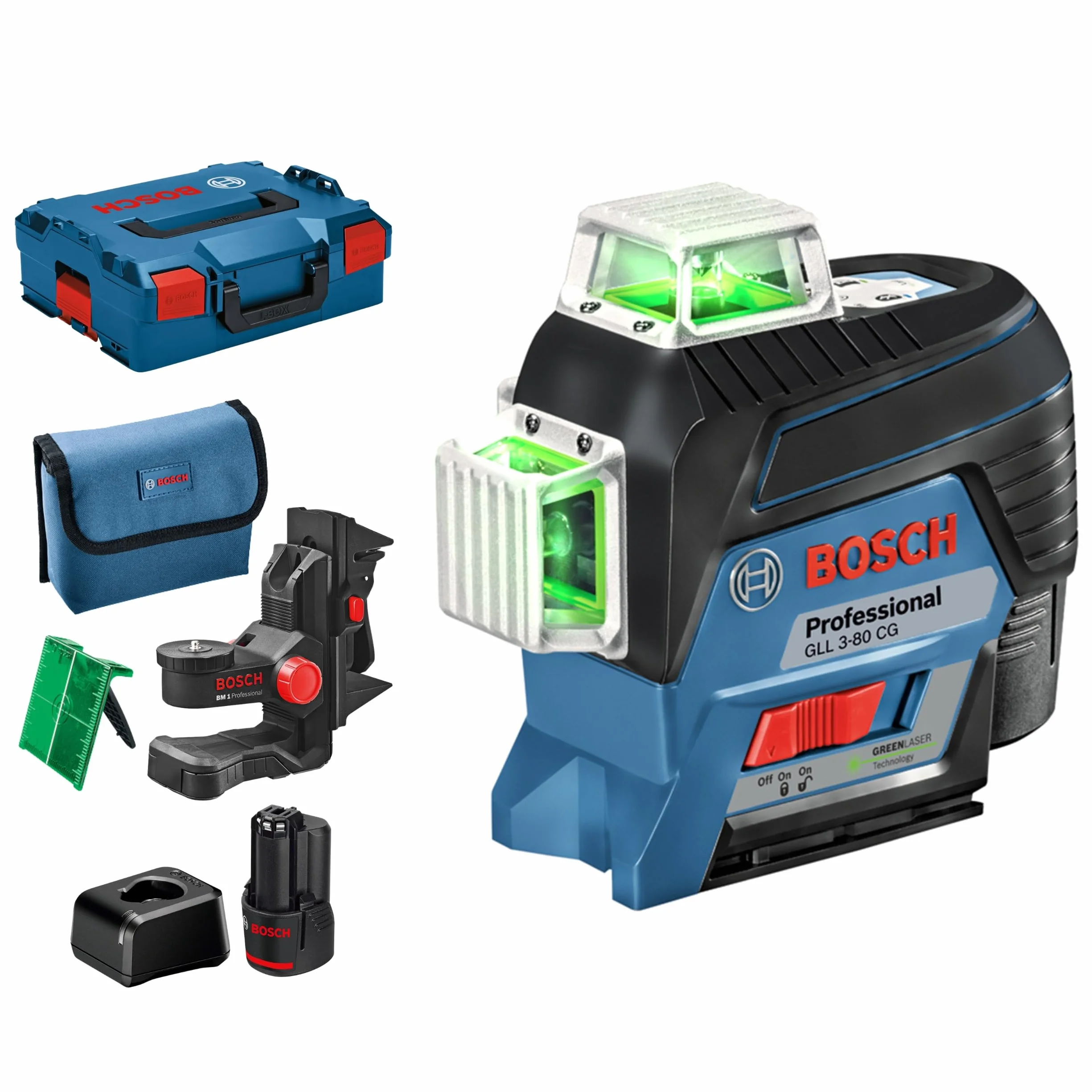 Bosch Professional 12V System laser lignes GLL 3-80 CG (2 batteries 12 V, chargeur, laser vert, avec application mobile dédiée, support, portée : jusqu’à 30 m, dans une L-BOXX) – Amazon Exclusive
