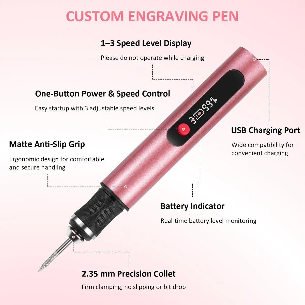 Customizer Kit de stylo de gravure sans fil rechargeable avec 3 vitesses, outil de gravure pour métal, bois, verre, cuir, stylo de gravure portable, rose