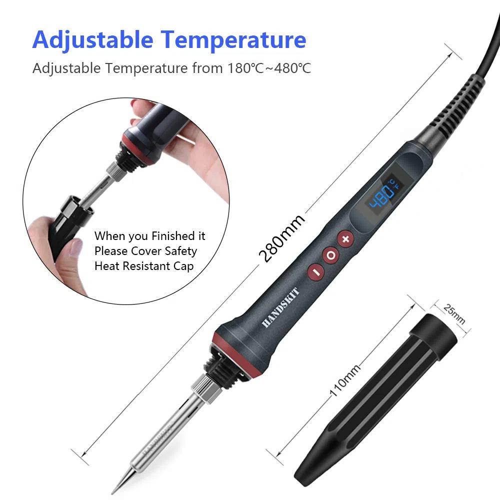 HANDSKIT Fer à Souder Précision 90W, Température Réglable de 180 à 480℃, Fer à Souder LED Électronique, 5 Pointes de Soudure, Support et Fil de Soudure pour DIY, Fer à Souder Étain et Électrique