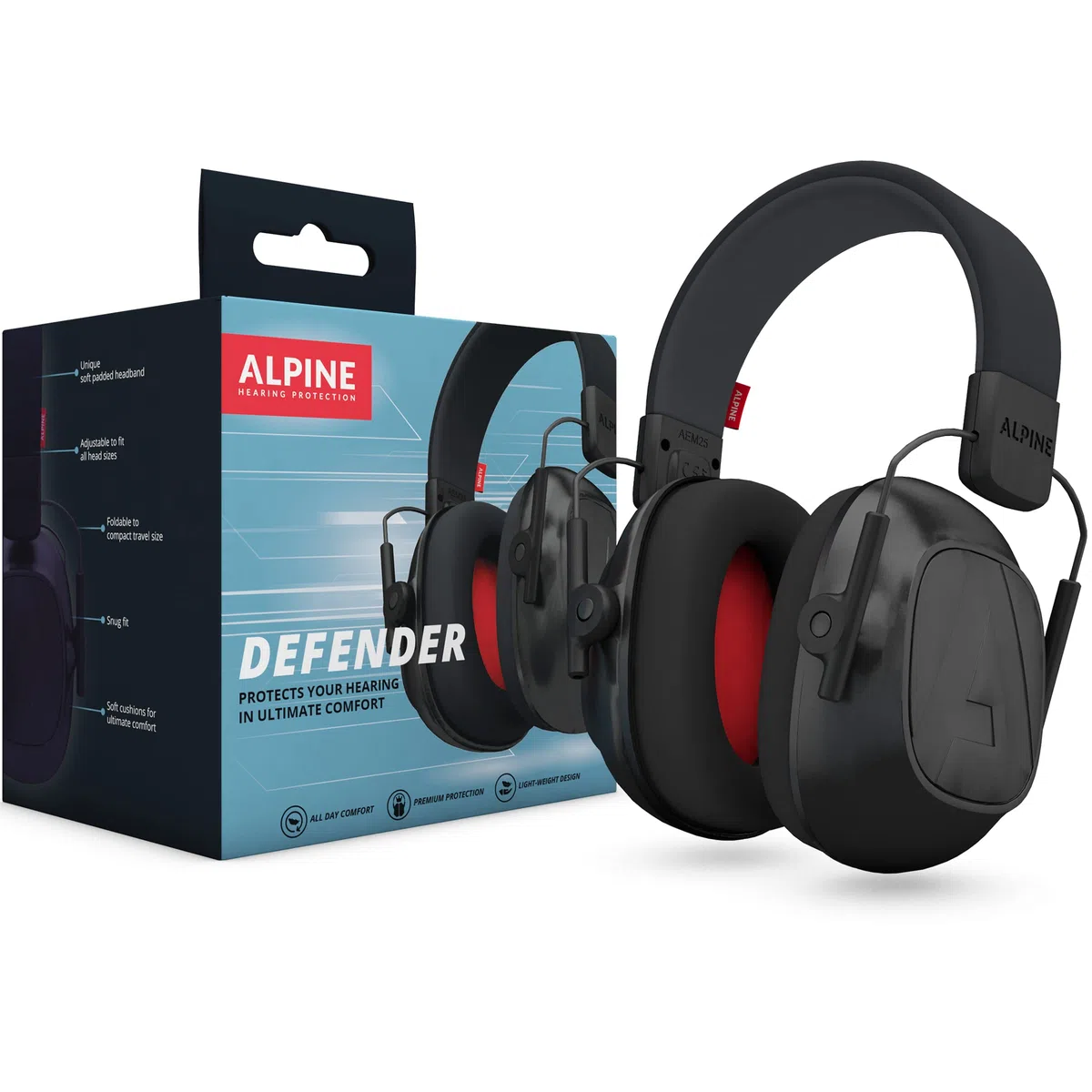 Alpine Casque antibruit adultes Defender- Haute qualité - Idéal pour la concentration, le jardinage & bricolage, le tir sportif - Serre-tête réglable - Confort assuré toute la journée - 26dB
