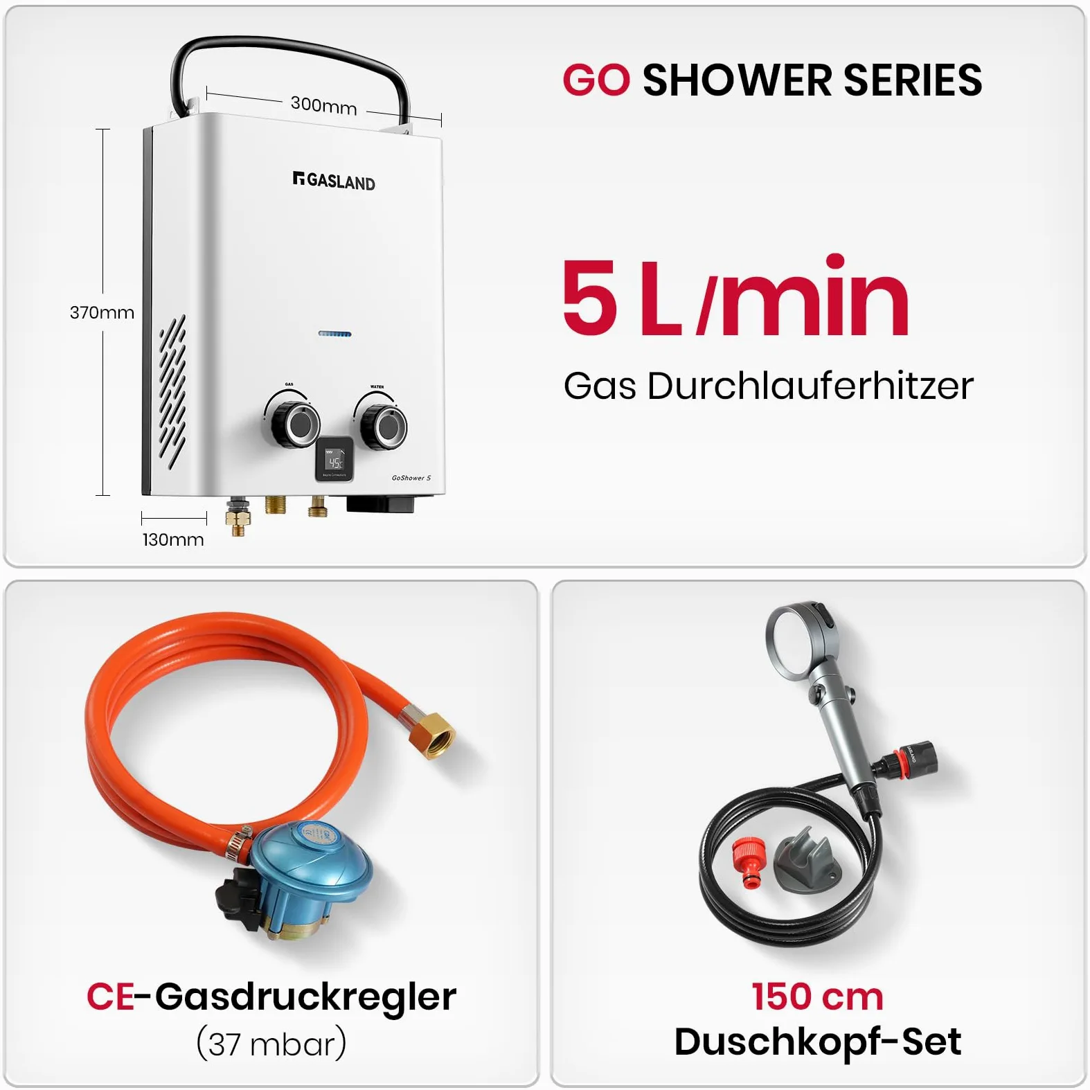 GASLAND GO Shower G5 Chauffe-eau d'extérieur au gaz G5 au propane (37 mbar)/butane (28-30 mbar) - Chauffe-eau au gaz GPL - Douche d'eau chaude de camping