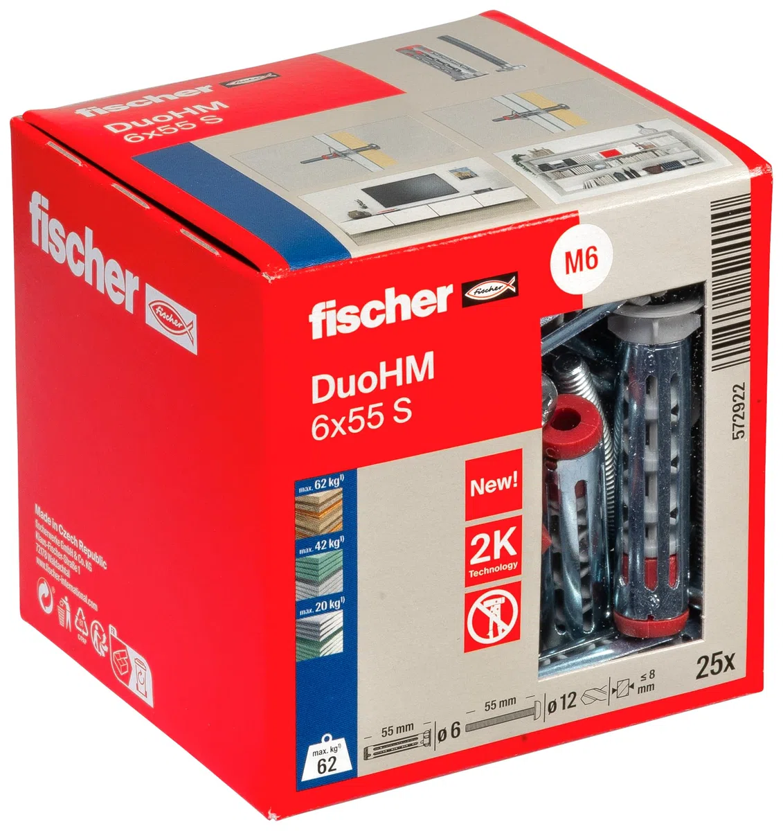 fischer - Cheville Bi-Matière DuoHM 6 x 55 pour Corps Creux, avec Vis à Tête Cylindrique, Empreinte PZ, Boite de 25