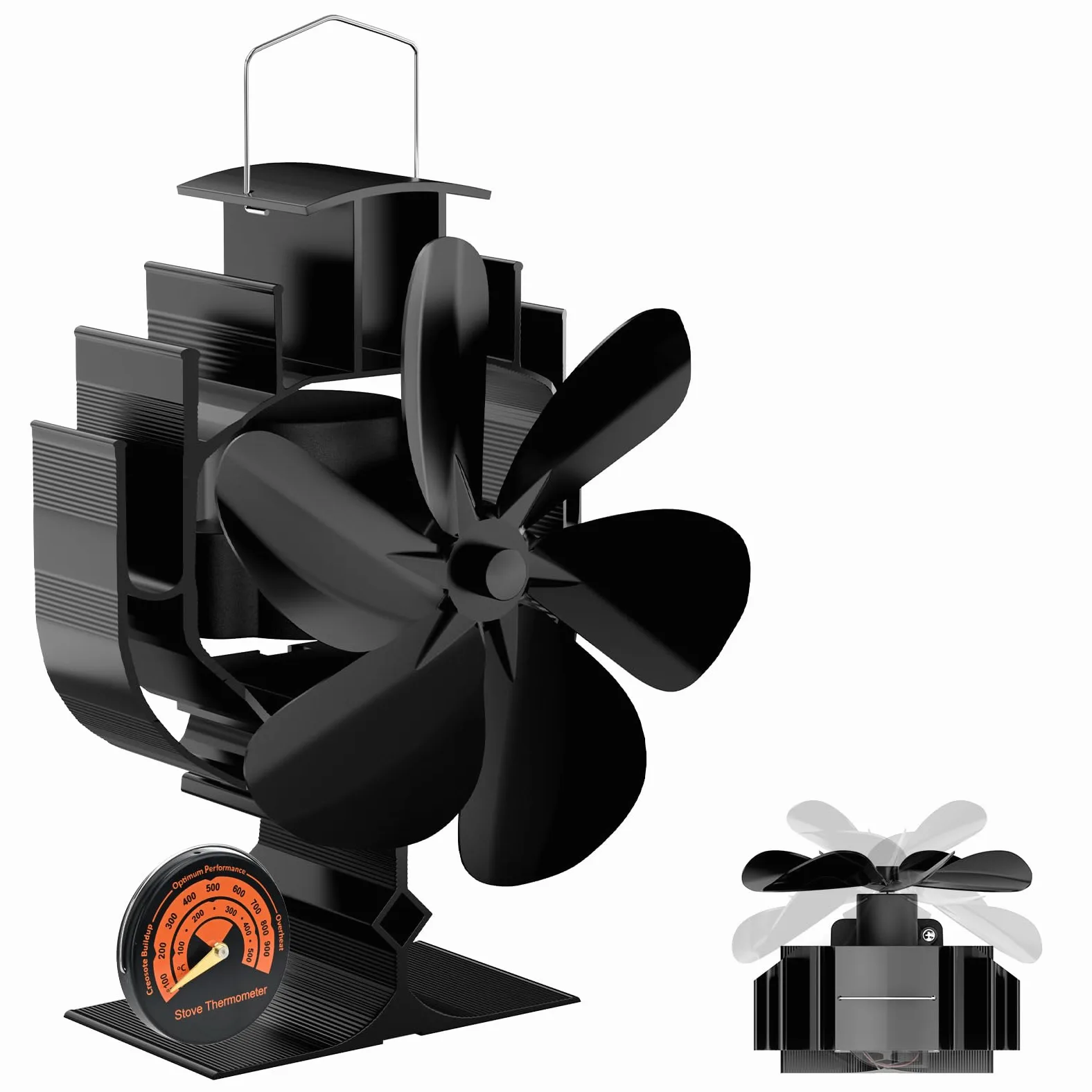 Gisam Ventilateur de poêle à 6 pales avec rotation à 60°, ventilateur de poêle sans électricité, fonctionnement silencieux, ventilateur de poêle à bois pour poêle à bois/cheminée (noir)