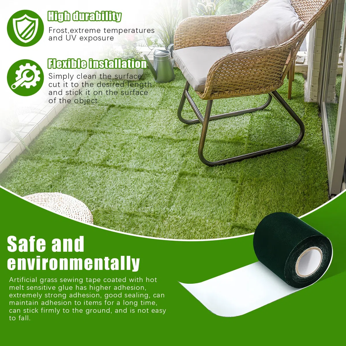 Lot de 2 bandes de gazon artificiel double face 50 mm x 5 m ruban adhésif Vert pour extérieur, jardin, pelouse, moquette