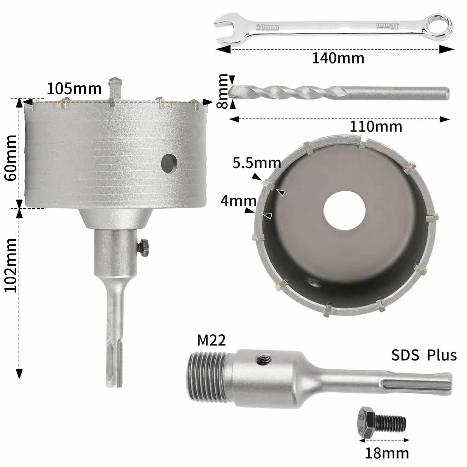 SUQIN Scie Cloche Trépan Beton Ø 105mm Avec Adaptateur SDS Plus 110 mm,Carotteuse Beton,Scie Trépan Pour Percer Des Trous Dans Les Murs En Blocs