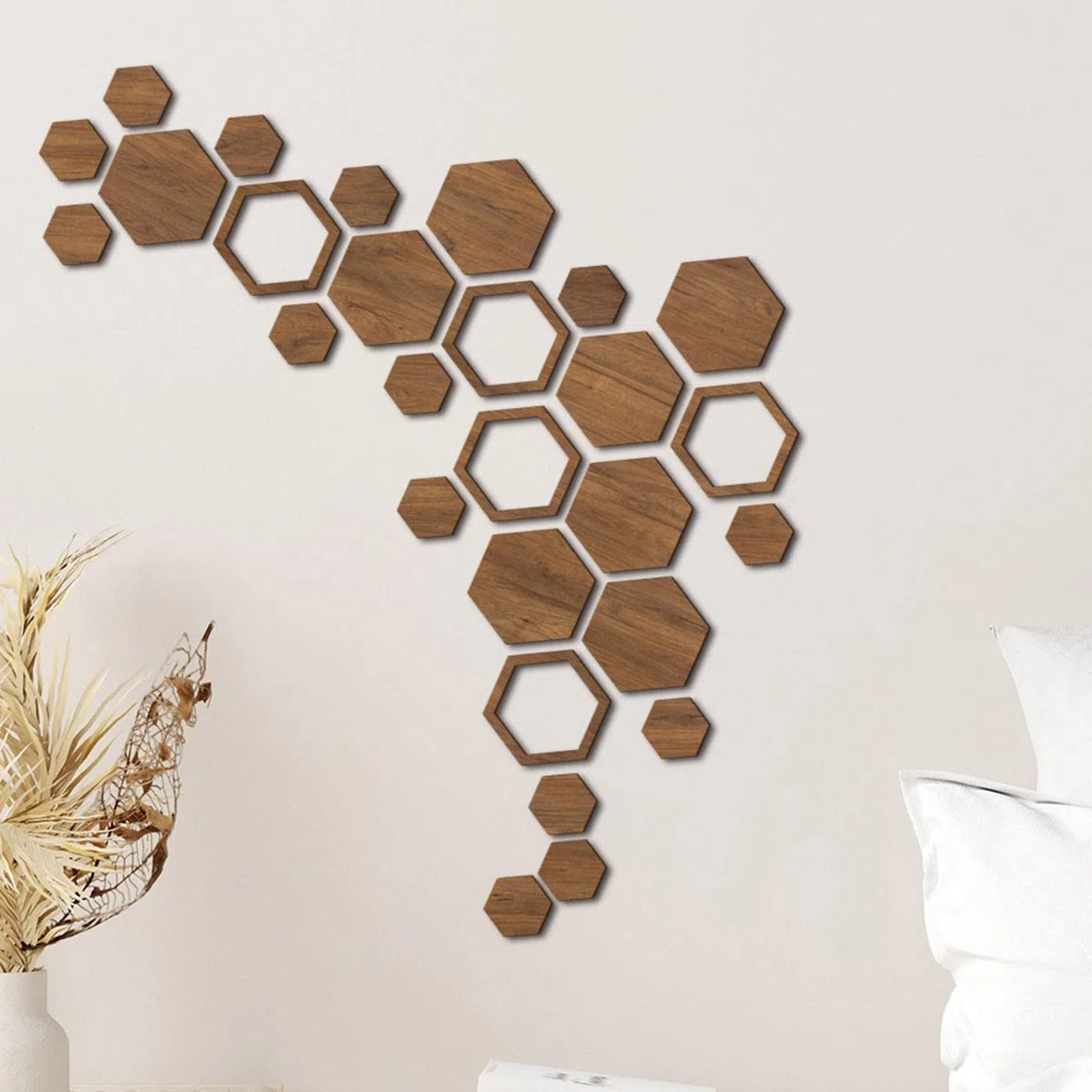 Hexagon Lot de 27 décorations murales hexagonales antidérapantes en Bois | Décoration Murale autocollante en nid d'abeille pour Salon, Cuisine, Salle de Bain