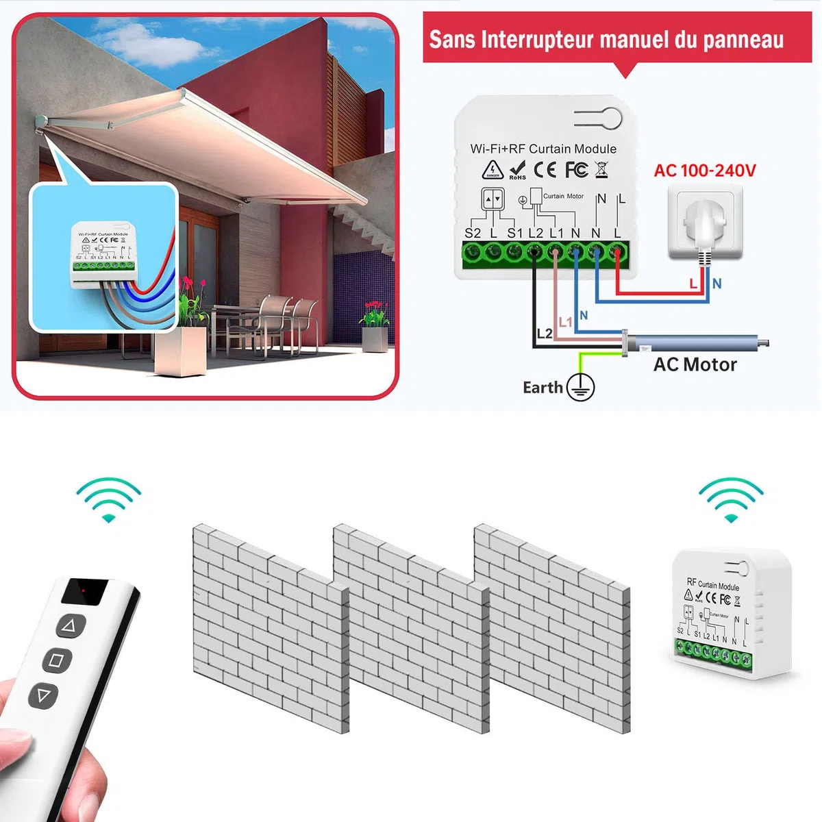Interrupteur Module Volet Roulant Sans Fil, Commutateur de Commande à Distance Moteur AC sans Fil pour Volets Roulants Stores Stores Auvent AC 220V 230V Émetteur Radio RF Contrôle Portée 100M
