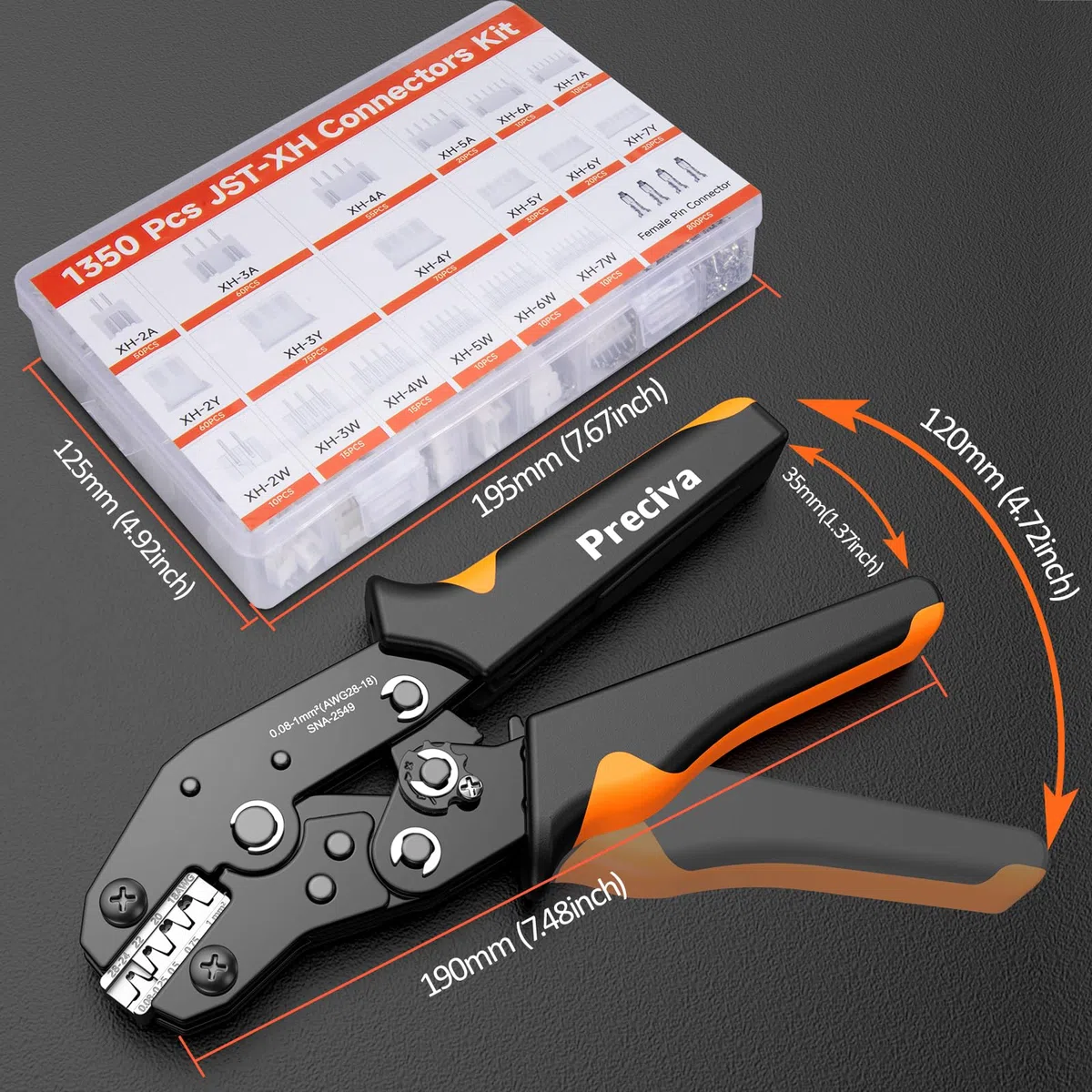 Preciva Pince à Sertir avec 1350pcs Connecteur Jst, 0.08-1mm² (AWG28-18) Cosses Electriques a Sertir avec 550 Connecteurs JST-XH et 800 broches JST-XH
