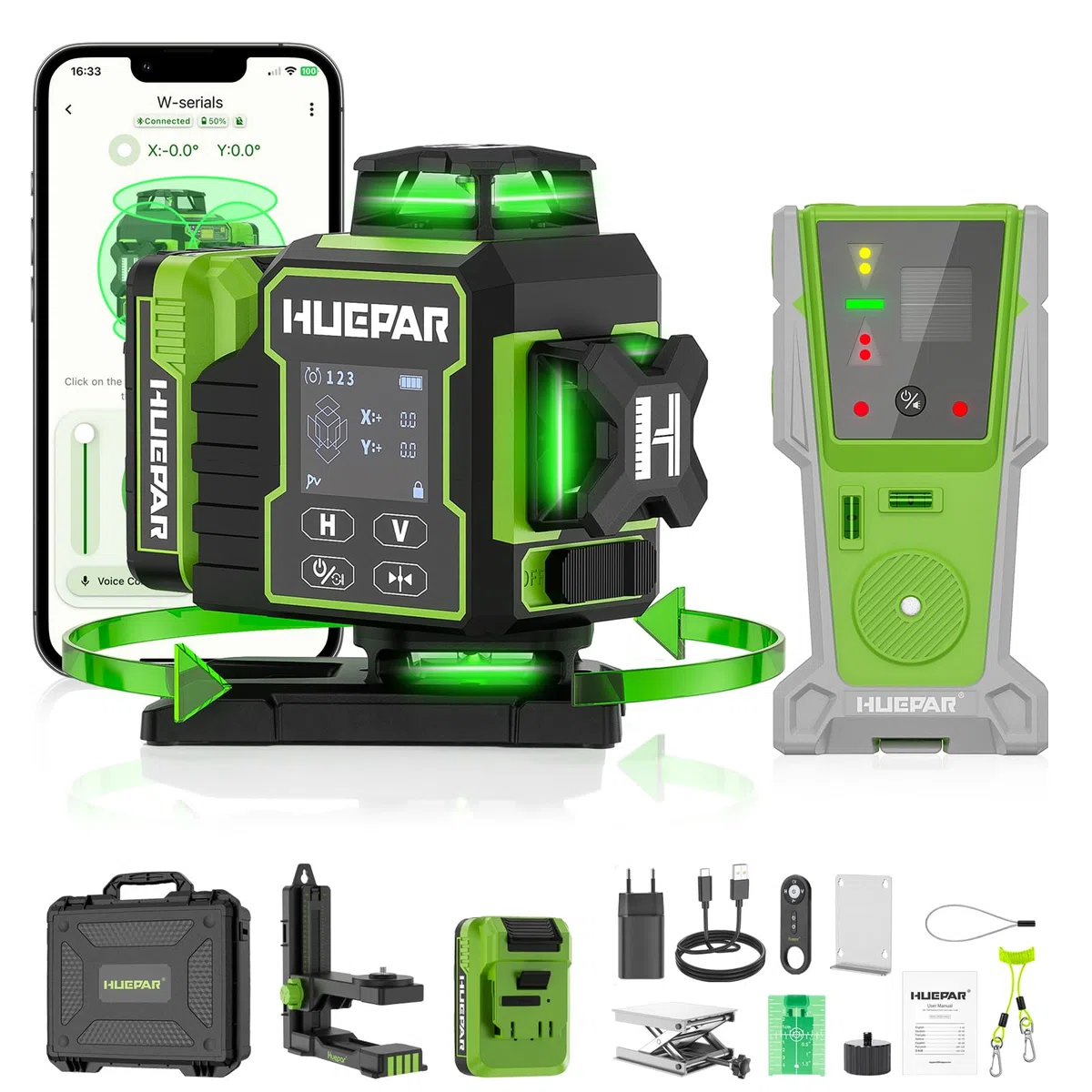 Huepar Niveau Laser Chantier Autonivelant 360°x4 avec récepteur, Laser Niveaux rotatif 4D 16 Lignes Laser,Mode Pulsé Extérieur ou longue distance pour construction W04 8RG,Cadeau pour Papa