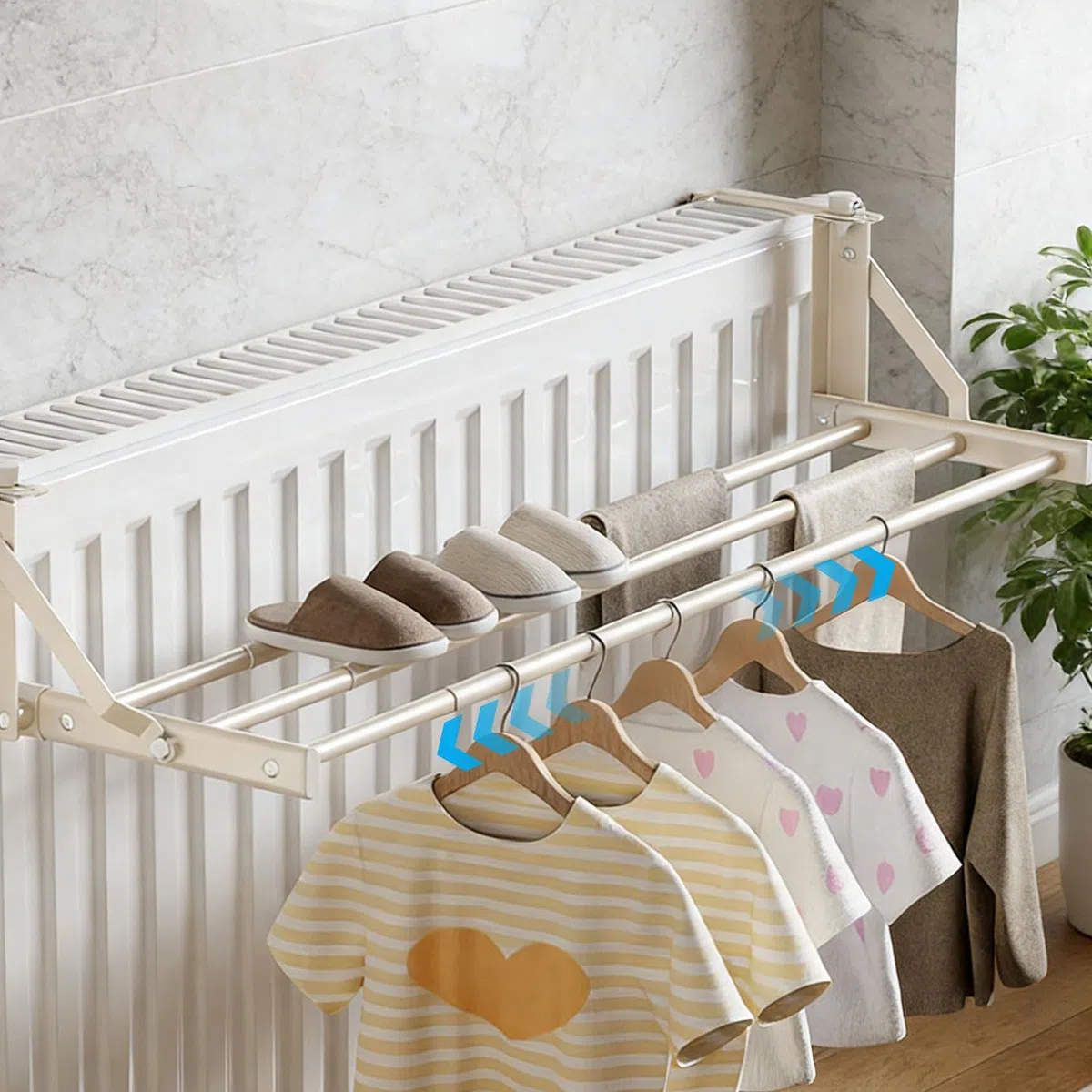 Porte-serviettes radiateur, blanc, porte-serviettes chauffant, porte-serviettes pour radiateur sans perçage, étendoir à linge radiateur, sèche-linge, distance murale réglable : 0 à 12,5 cm (D)
