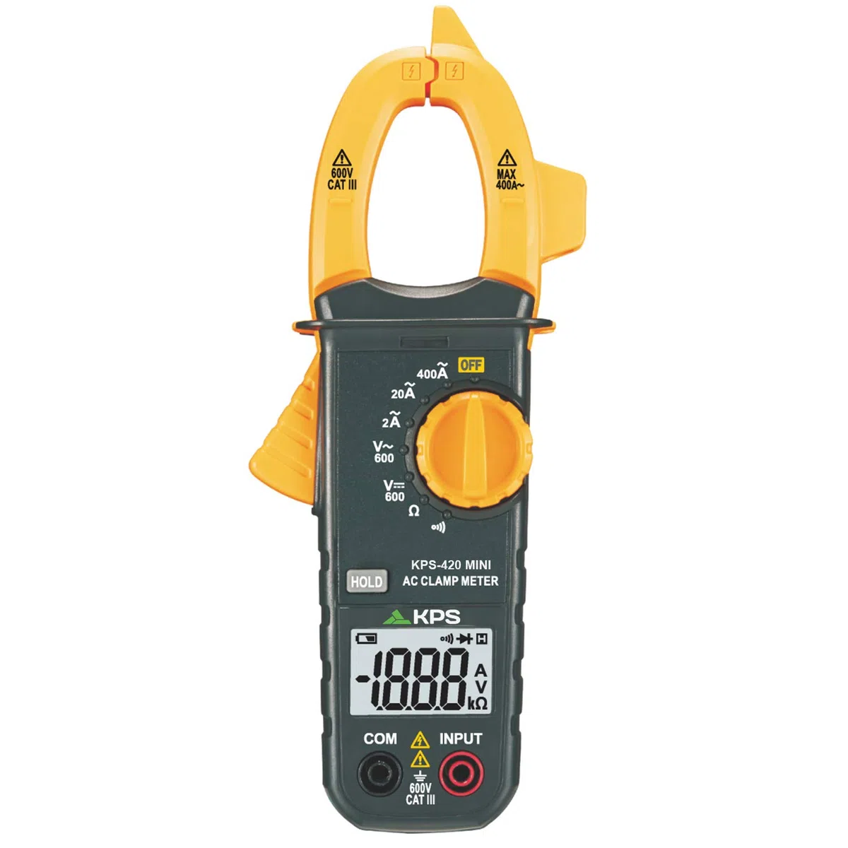 KPS-PA420 Pince ampèremétrique numérique 2000 points, tension AC/DC 600V, courant AC 400A, et résistance 2KΩ, maintien des lectures, avertissement de continuité et test de diode. CAT. III 600V