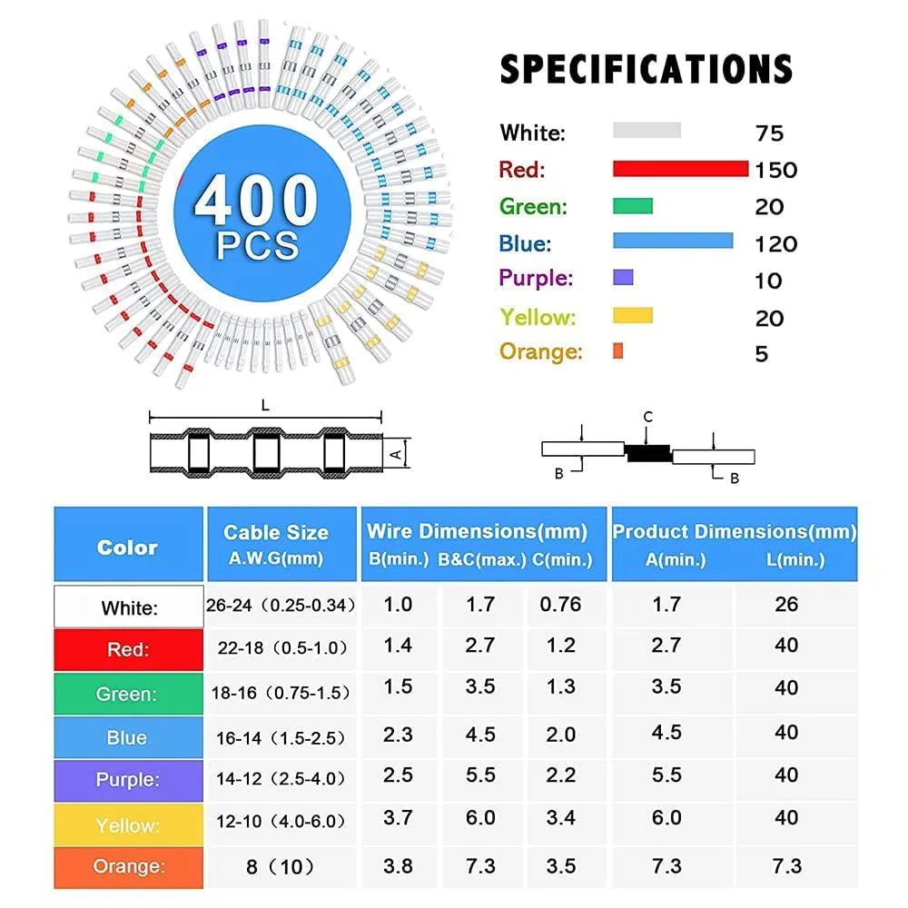 400 Pièces Connecteur Electrique，Connecteur Electrique Etanche，Connecteurs électriques Avec Gaine Thermorétractable, Cosse Electriques Pour Automobiles Motos