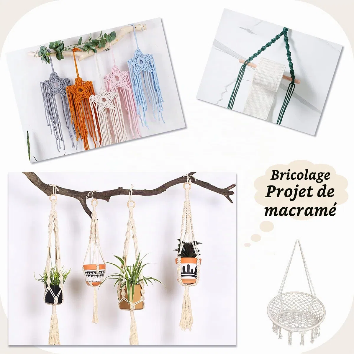 Corde Macramé 5mm x 100m, Fil Macramé Coton Naturel, Grosse Ficelle Cordelette 5mm Cordon pour Mural, Porte Plante, Bricolage, Décoration Boho (Naturel)
