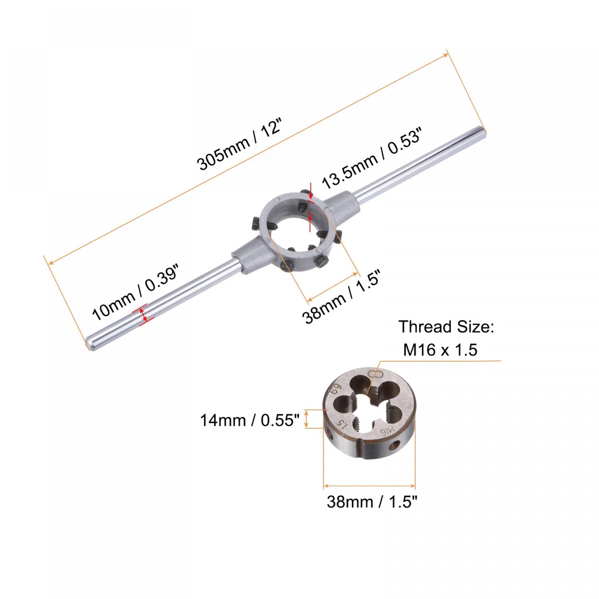 sourcing map M16 x 1,5 Filière Filetage Rond et Porte-filière 38mm (Convient M12-M16 Filière) Réglable