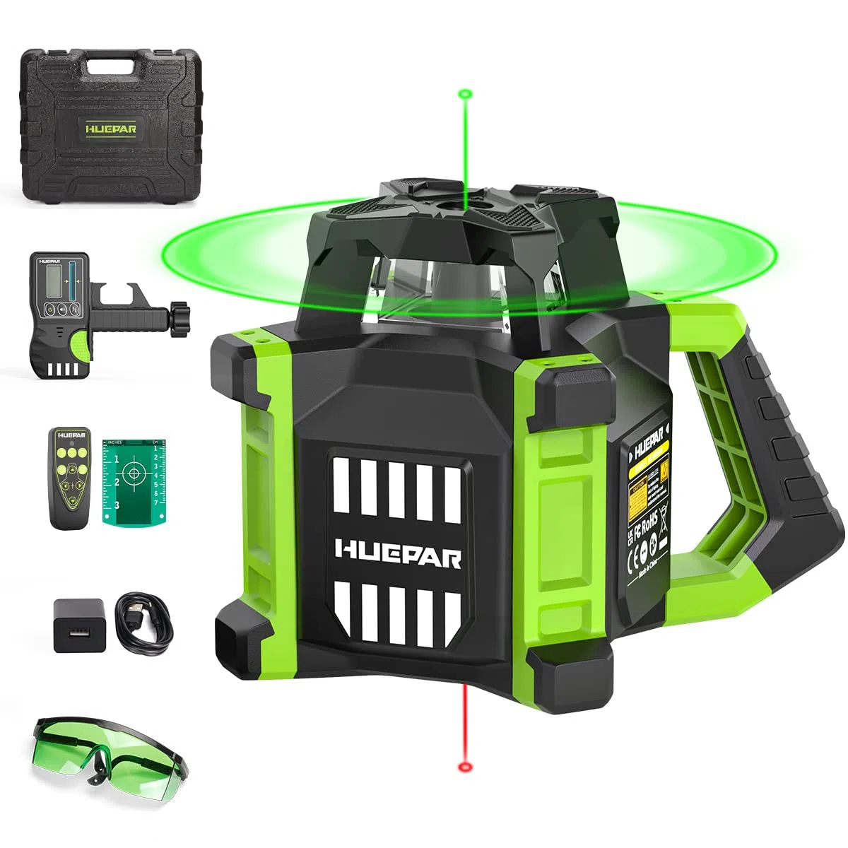 Huepar Niveau Laser Rotatif 800M+Points d'Aplomb,Kit Vert Laser Rotatif Horizontal/Vertical Auto-Nivellement Angle Balayage 0-180° avec Lunettes, Récepteur, Plaque Cible, Télécommande, Batterie Li-ion