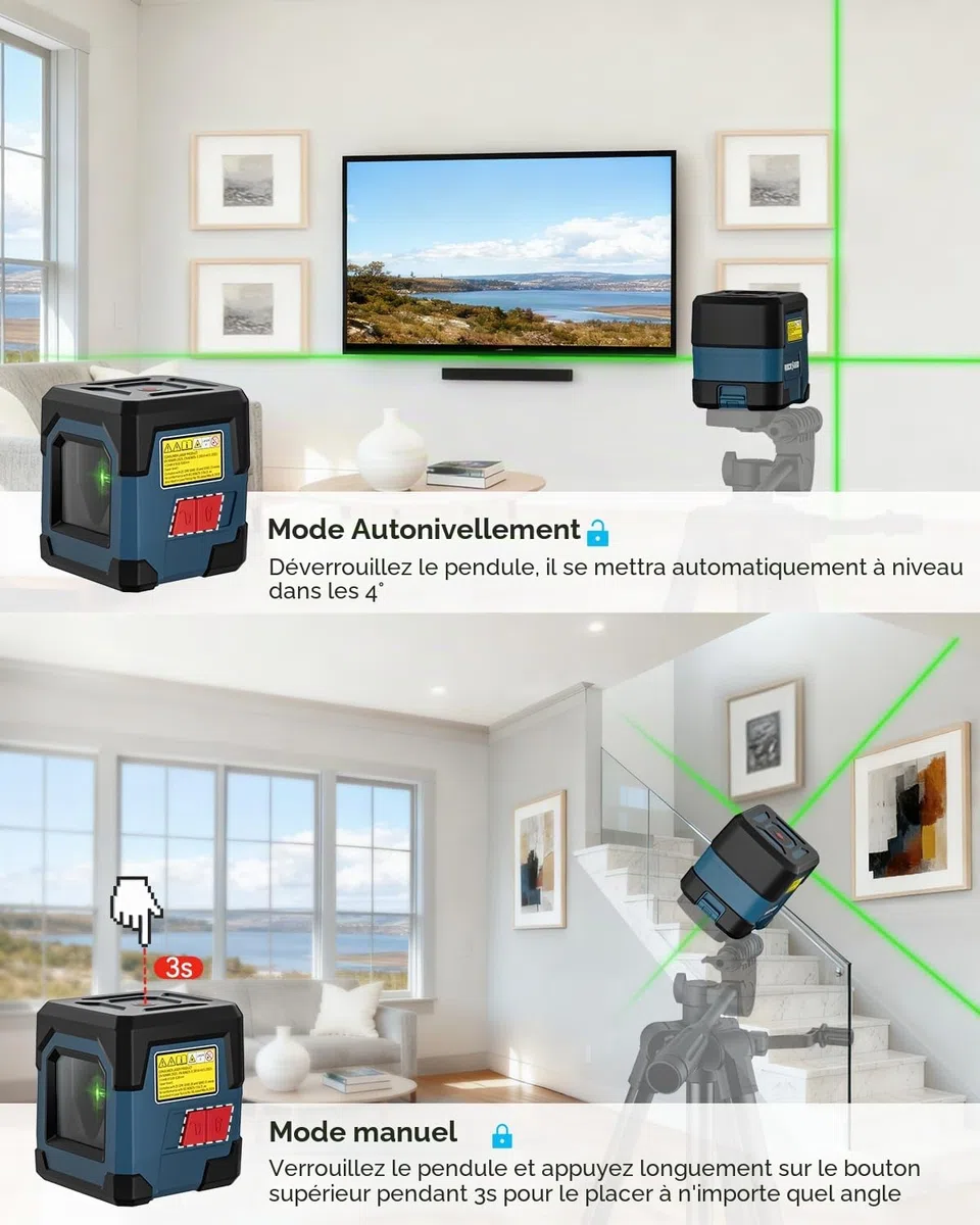 Niveau Laser Vert, RockSeed Cross Line Laser avec Auto-nivellement, Lignes Verticales et Horizontales, Rotatif à 360 Degrés, Pochette de Transport, Batterie Incluse