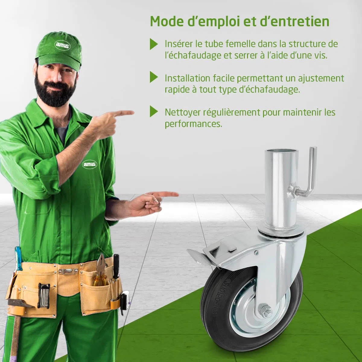 Amig - Roue Échafaudage Femelle | Avec Frein | Ø200 mm | Noyau Métallique et Bande de Caoutchouc | Roulements à Rouleaux | Spécialement Conçue pour une Utilisation Industrielle | Noir