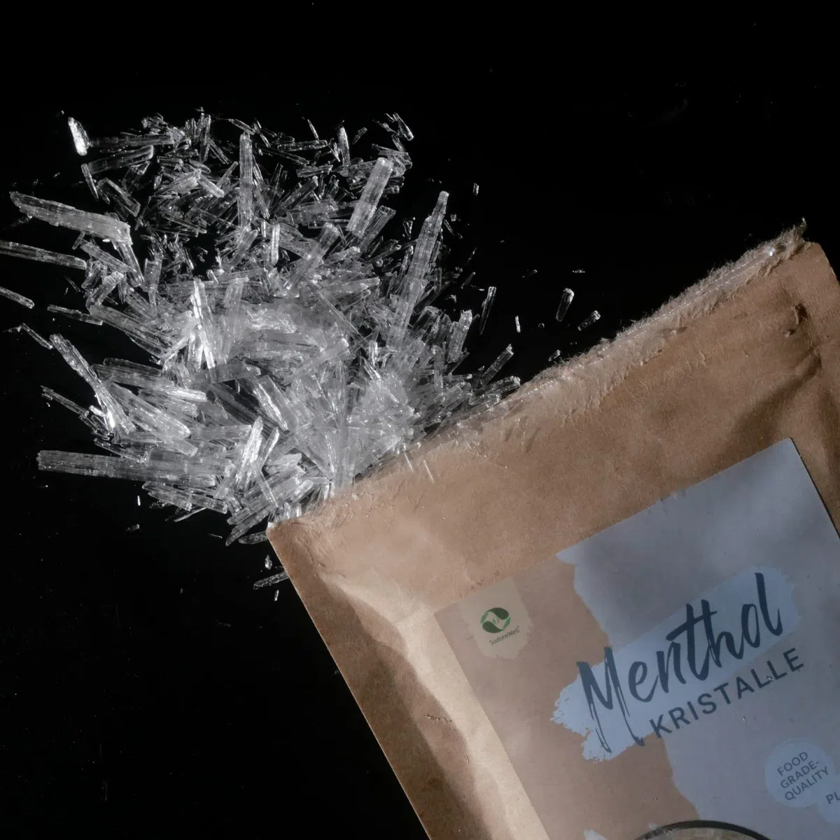 Cristaux menthol de qualité alimentaire 100 % pure huile de menthe dans un sac en papier kraft (plastique libre) 2 x 75 g