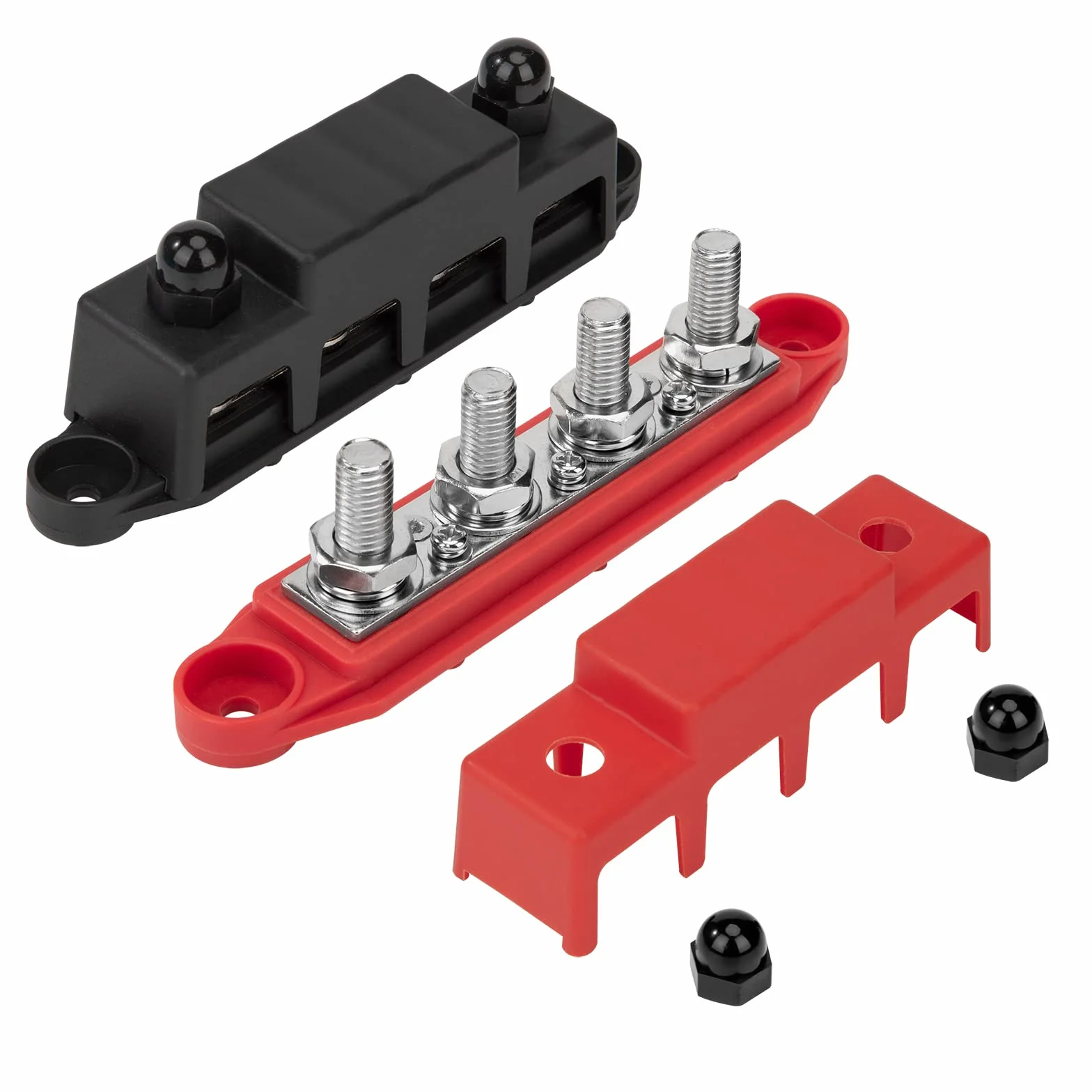 QIMEI-SHOP Bloc de Distribution D'alimentation 12V-48V DC BusBar 250A Barres de Distribution D'énergie avec 4 x M10 Boulons de Borne pour Voiture Camion Bateau Rouge Noir 2 Pièces